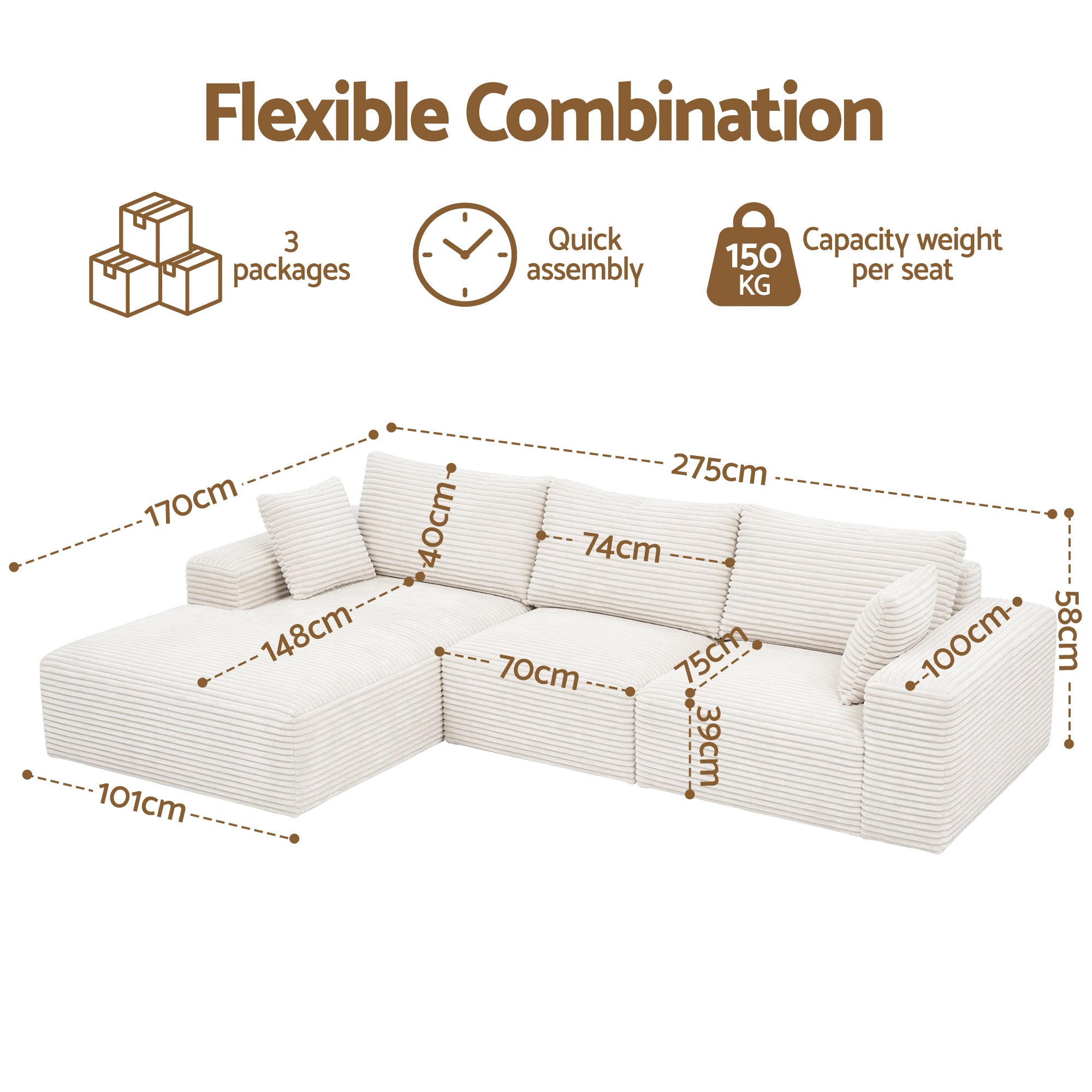 Artiss 3 Seater Modular Sofa Bed Corduroy Cloud Couch | Simpledeals