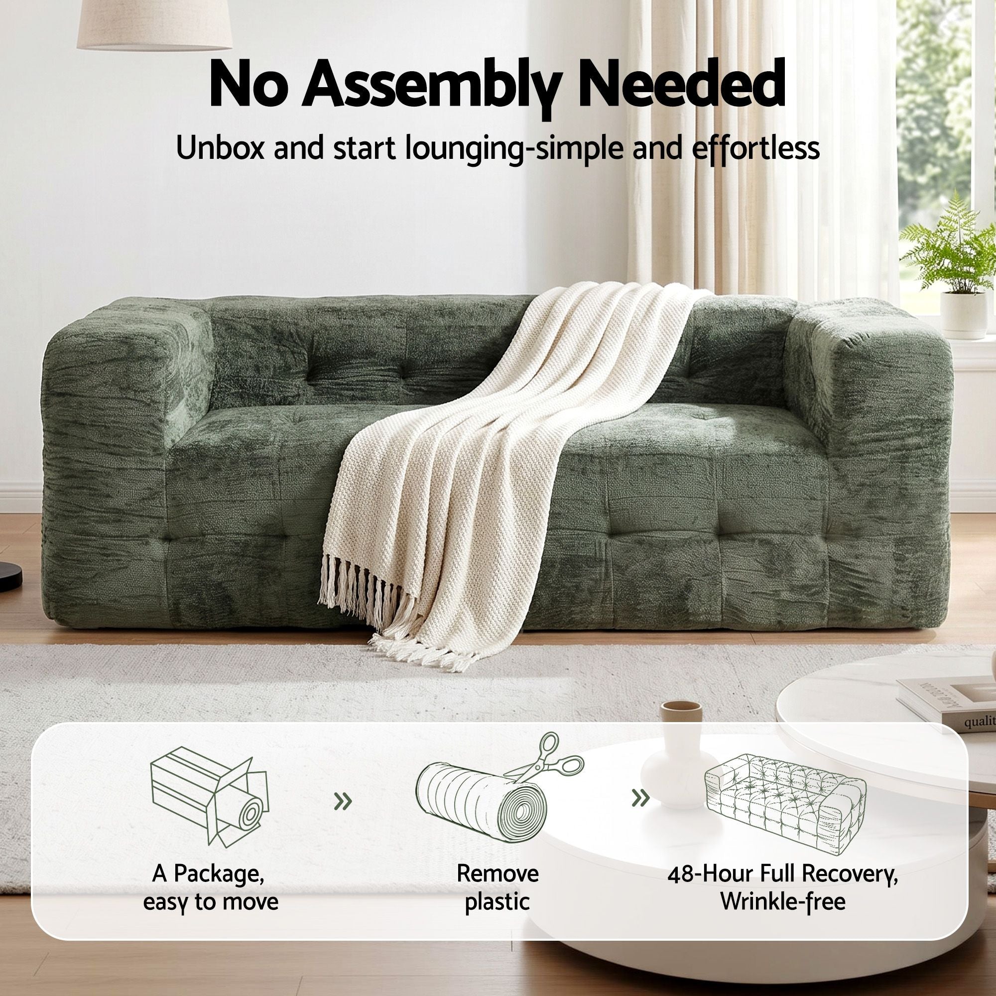 Green Chenille 3 Seater Boneless Sofa | Simpledeals