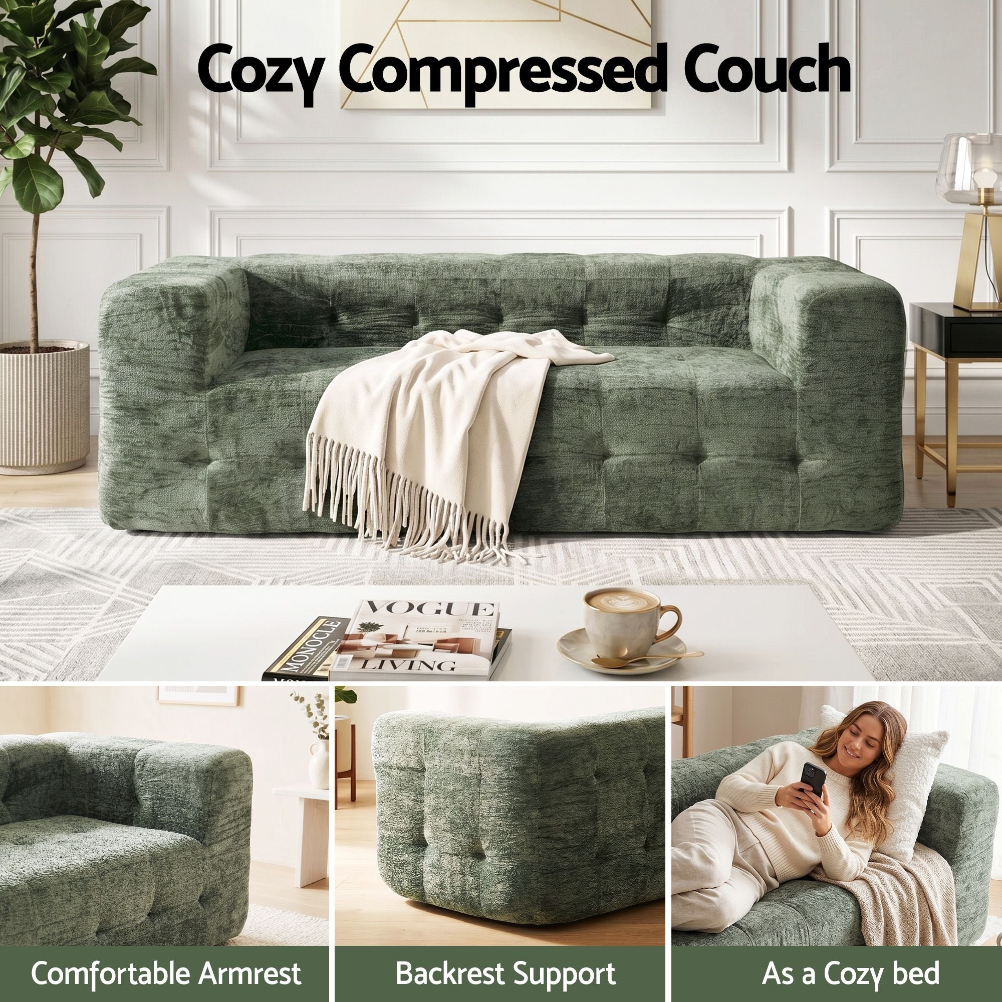 Green Chenille 3 Seater Boneless Sofa | Simpledeals