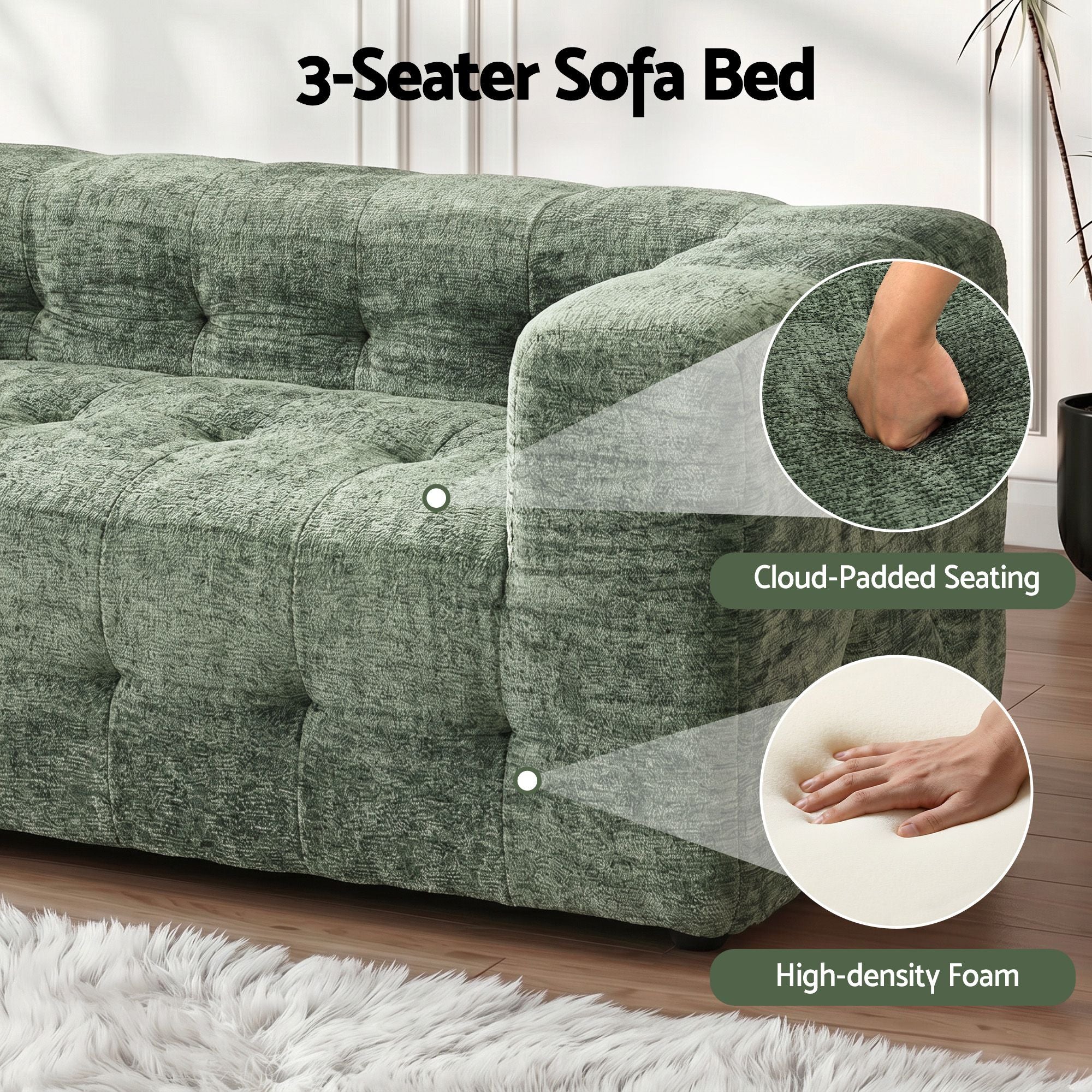 Green Chenille 3 Seater Boneless Sofa | Simpledeals