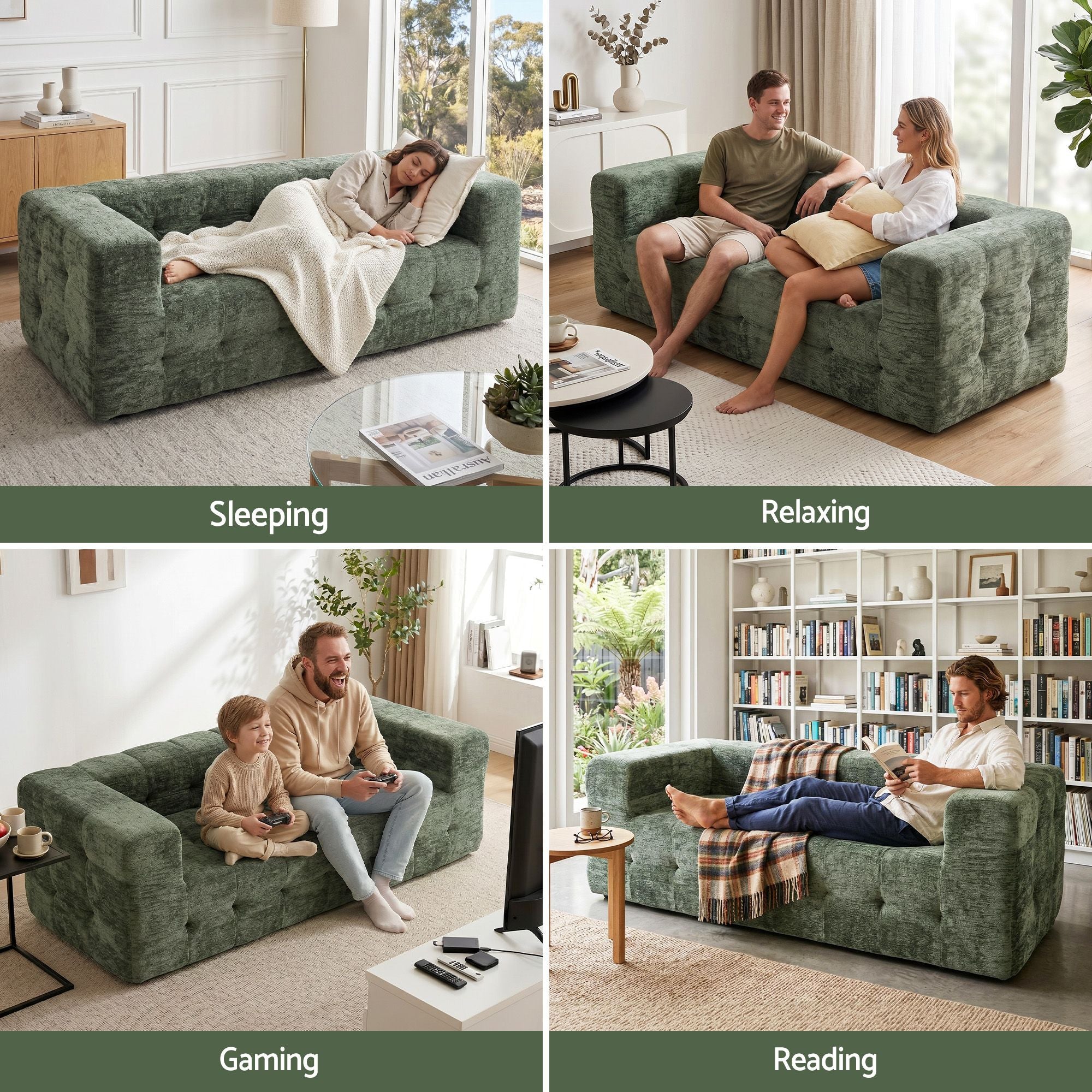 Green Chenille 3 Seater Boneless Sofa | Simpledeals