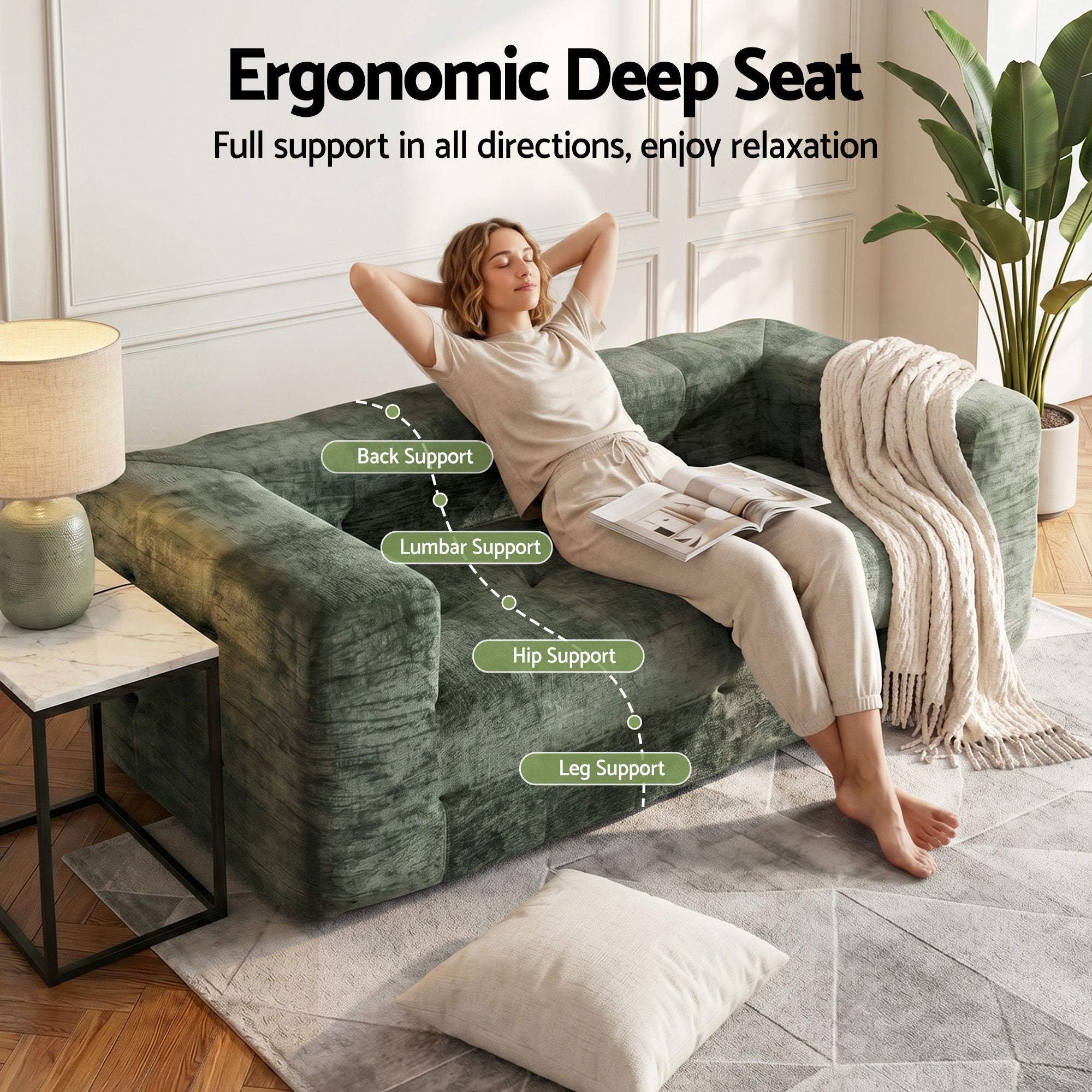 Green Chenille 3 Seater Boneless Sofa | Simpledeals