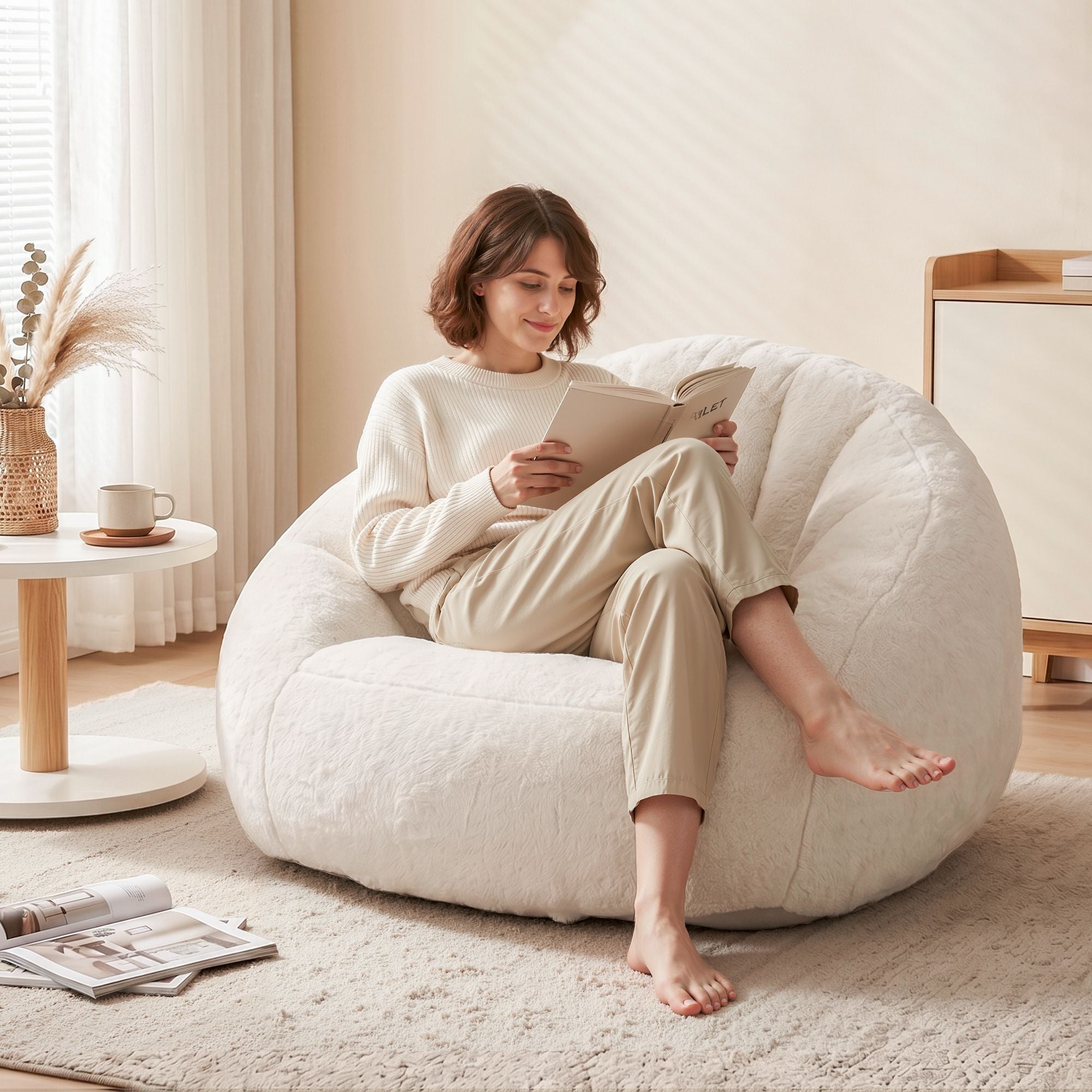 Faux Fur Bean Bag Floor Couch White | Simpledeals