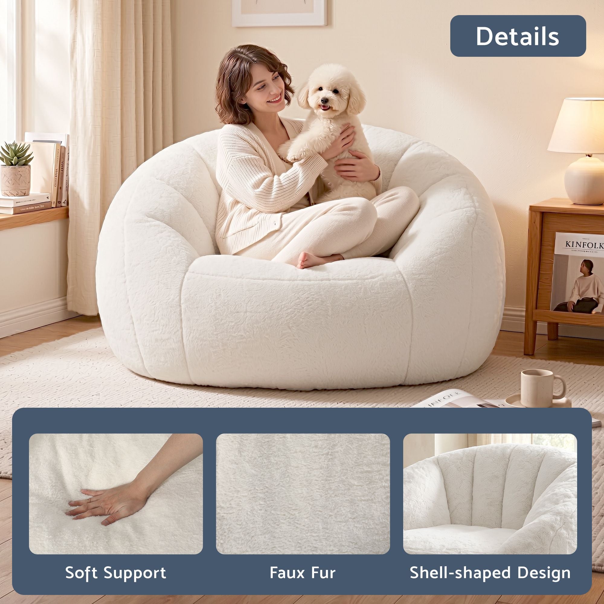 Faux Fur Bean Bag Floor Couch White | Simpledeals