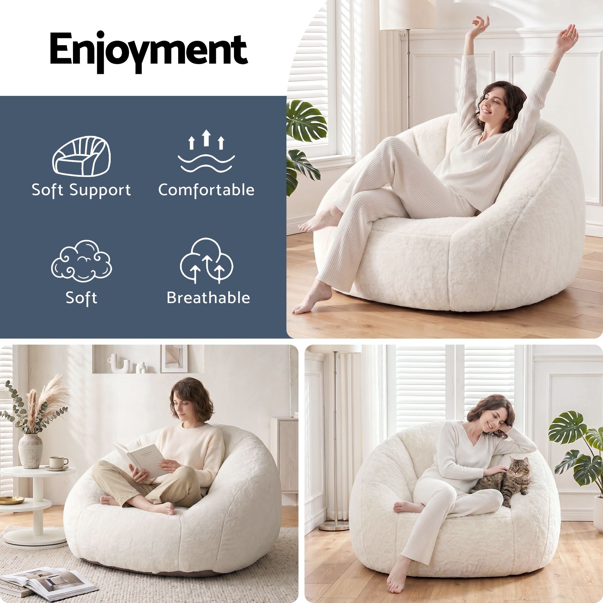 Faux Fur Bean Bag Floor Couch White | Simpledeals