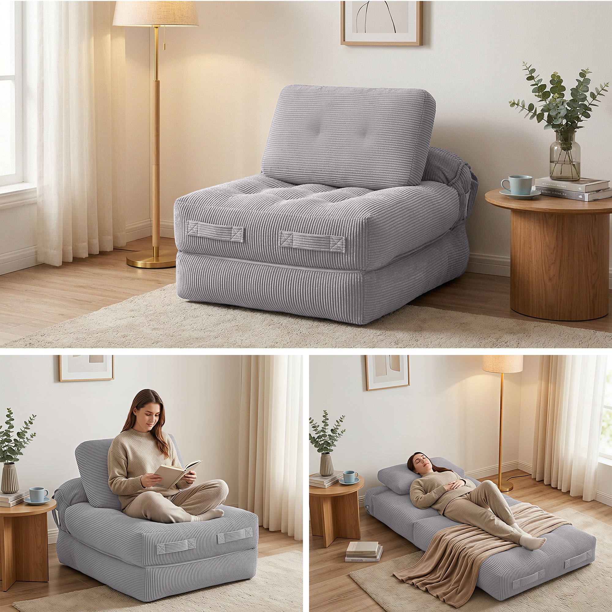 Artiss Corduroy Sofa Bed 1 Seater Pull Out Grey | Simpledeals