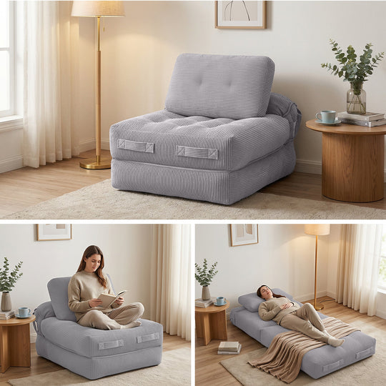 Corduroy Sofa Bed 1 Seater Pull Out Grey