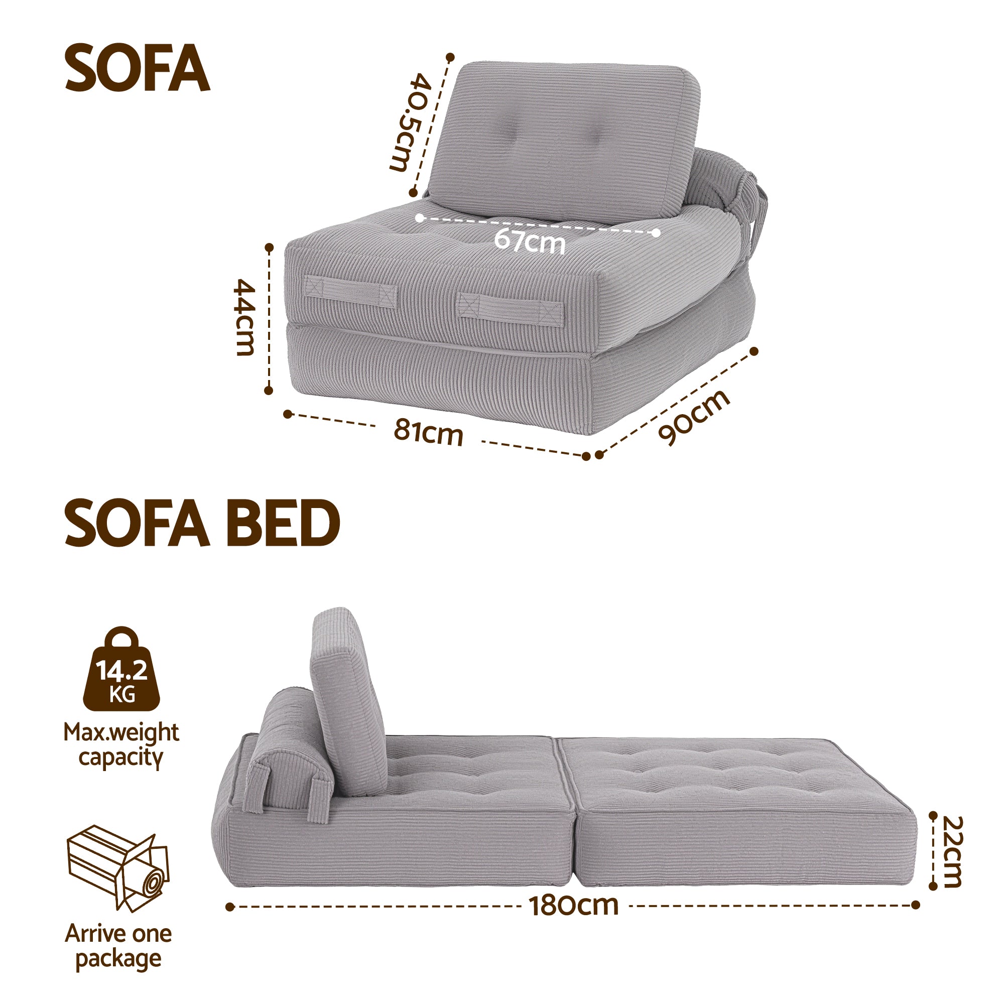Artiss Corduroy Sofa Bed 1 Seater Pull Out Grey | Simpledeals