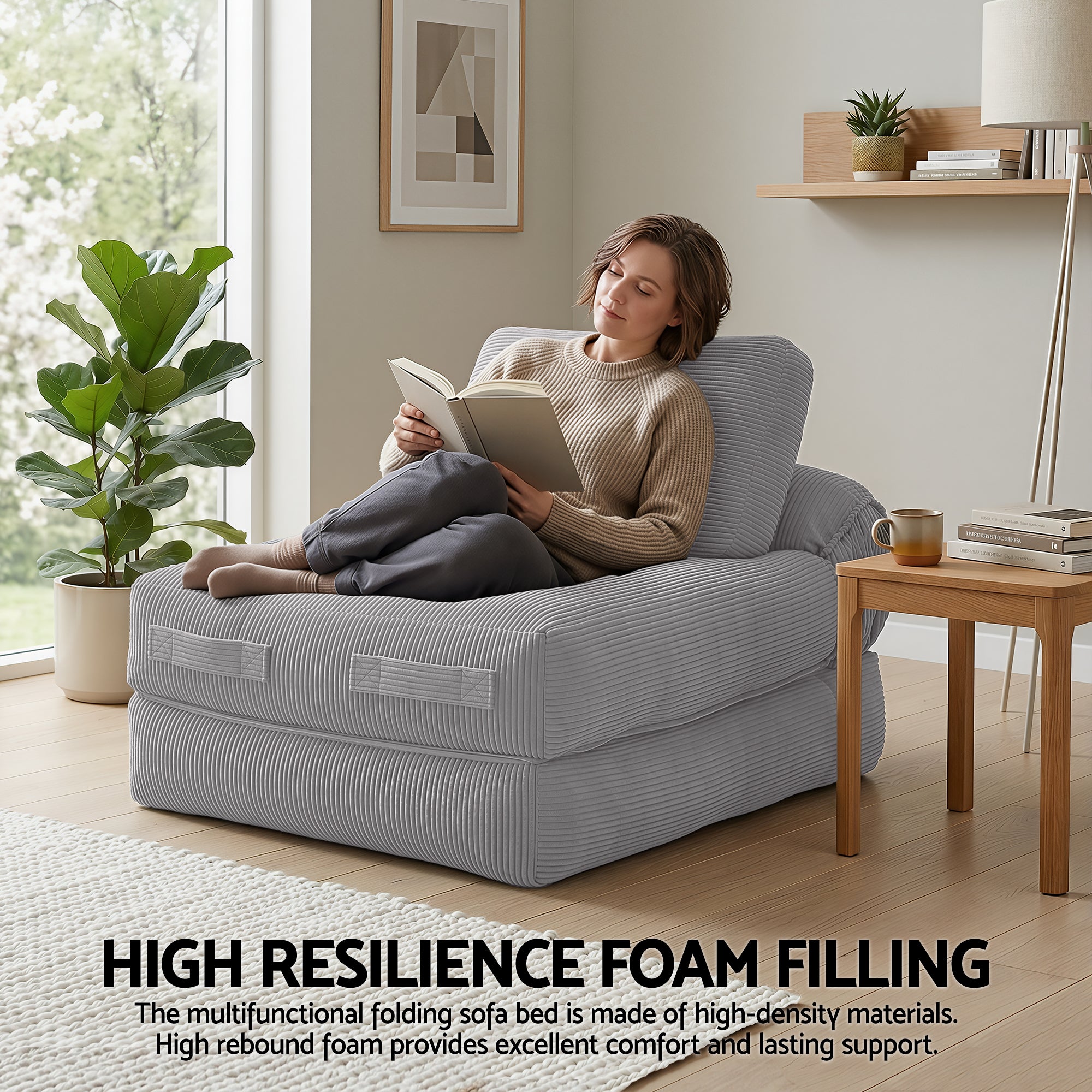 Artiss Corduroy Sofa Bed 1 Seater Pull Out Grey | Simpledeals