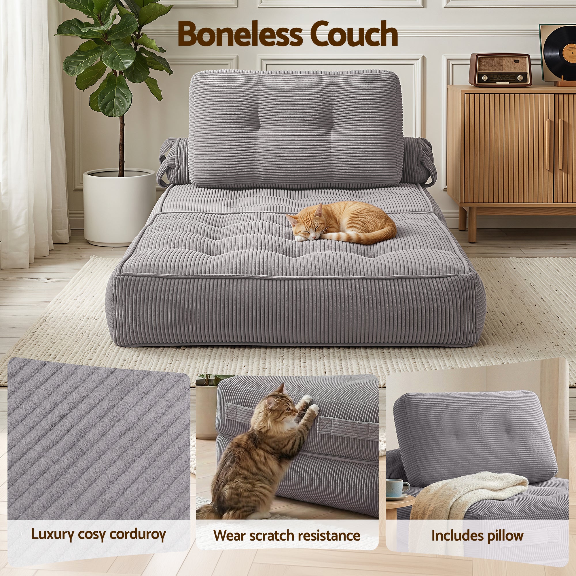Artiss Corduroy Sofa Bed 1 Seater Pull Out Grey | Simpledeals