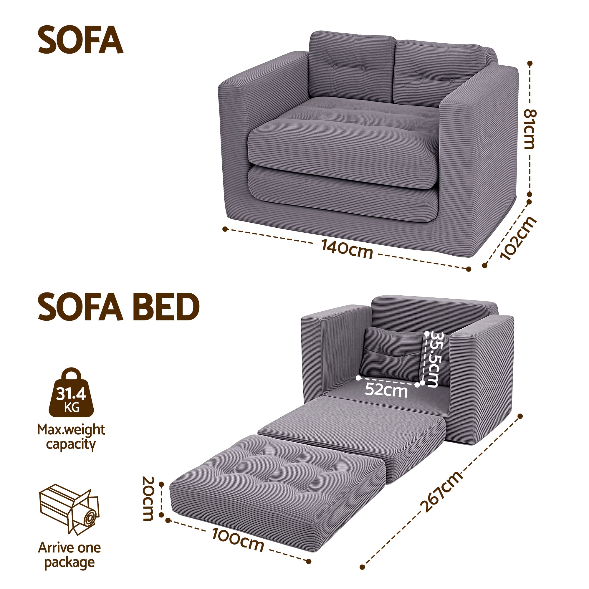 2 Seater Sofa Bed Pull Out Corduroy Couch | Simpledeals