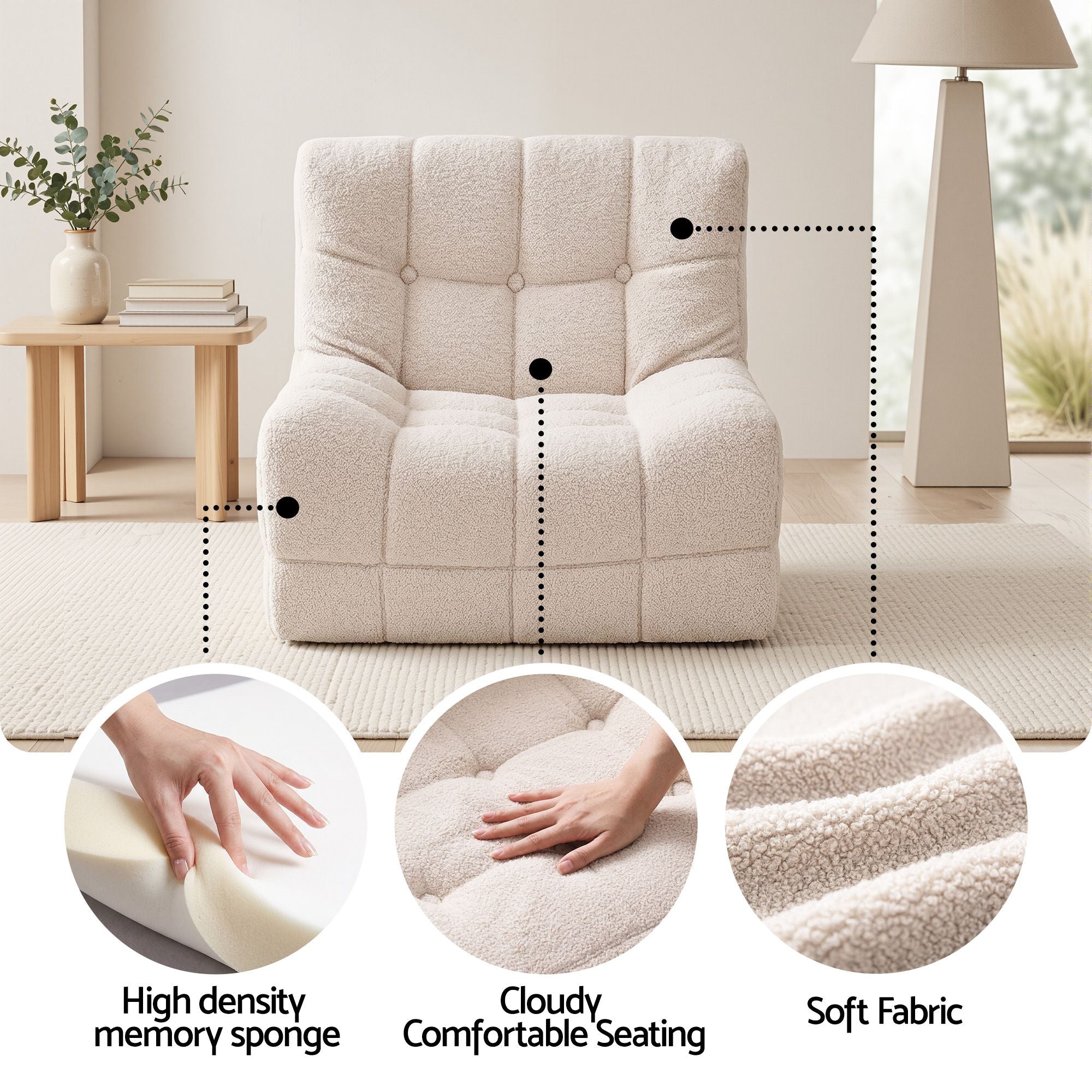 Floor Couch Single Sofa White Fabric | Simpledeals
