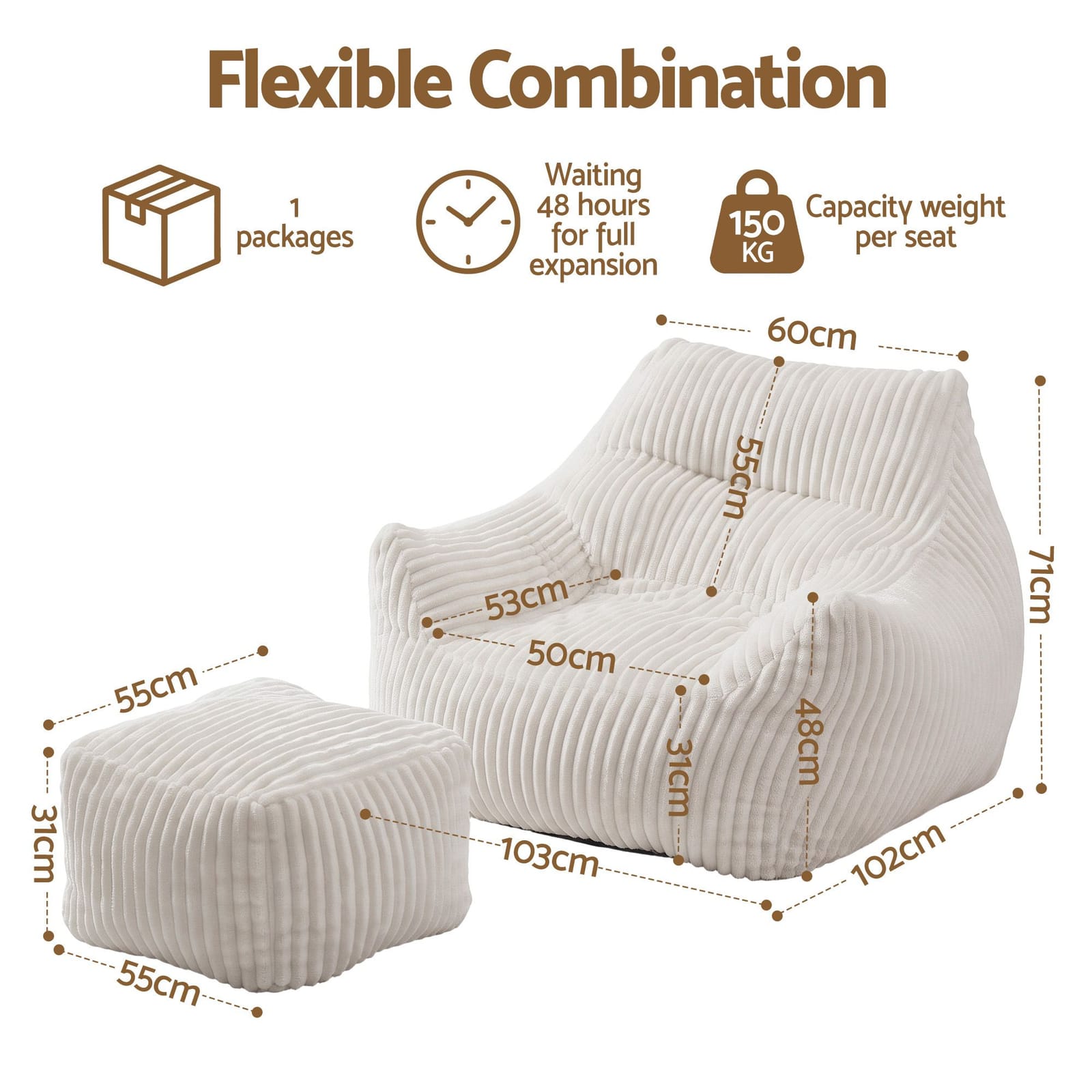 Bean Bag Sofa Ottoman White 103x102x71cm