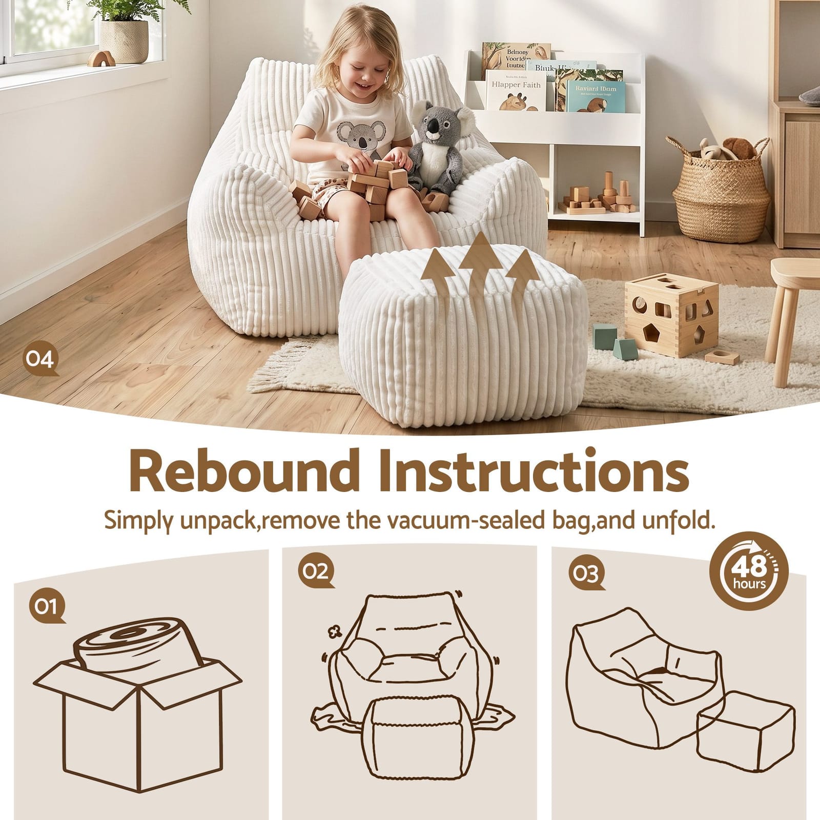 Bean Bag Sofa Ottoman White 103x102x71cm