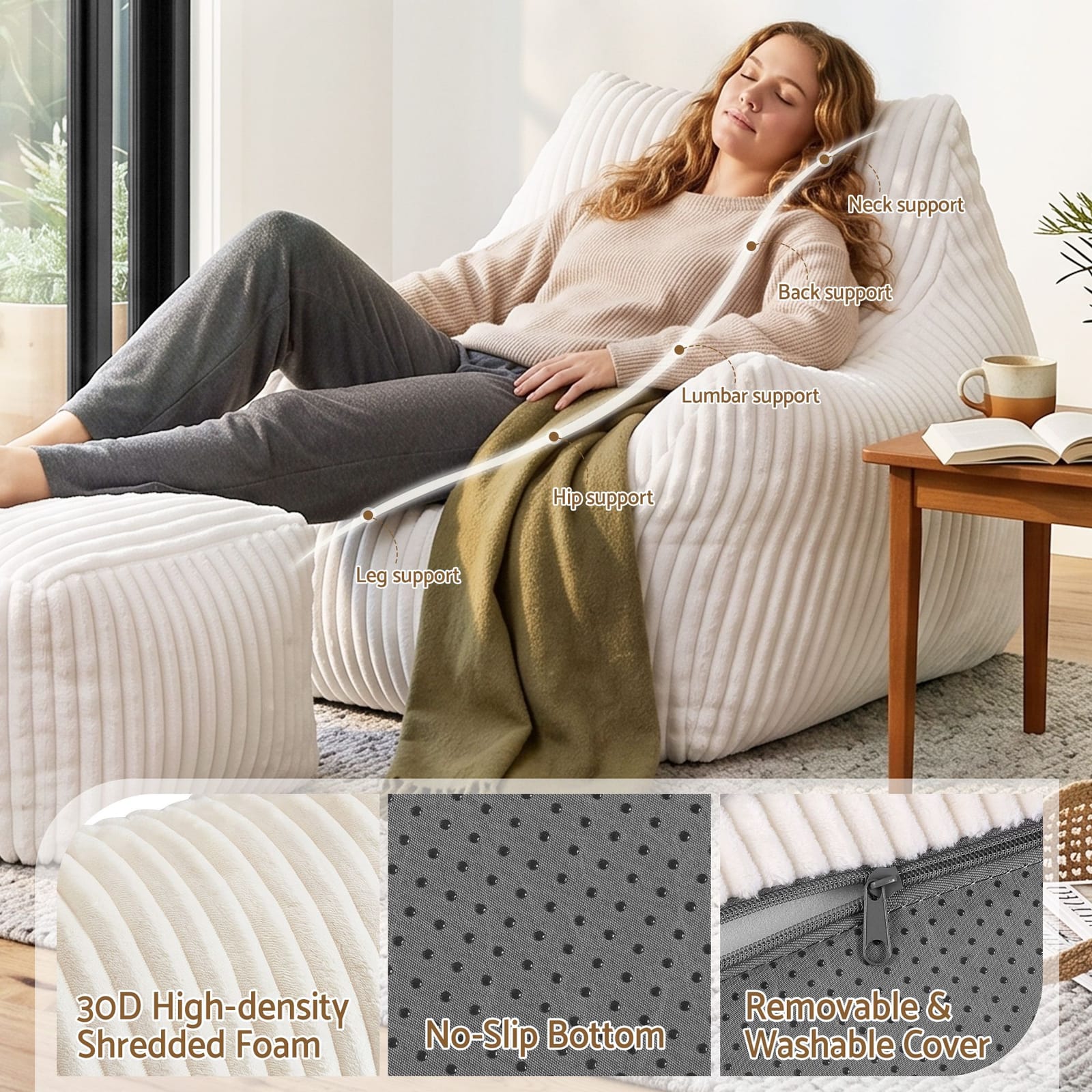 Bean Bag Sofa Ottoman White 103x102x71cm