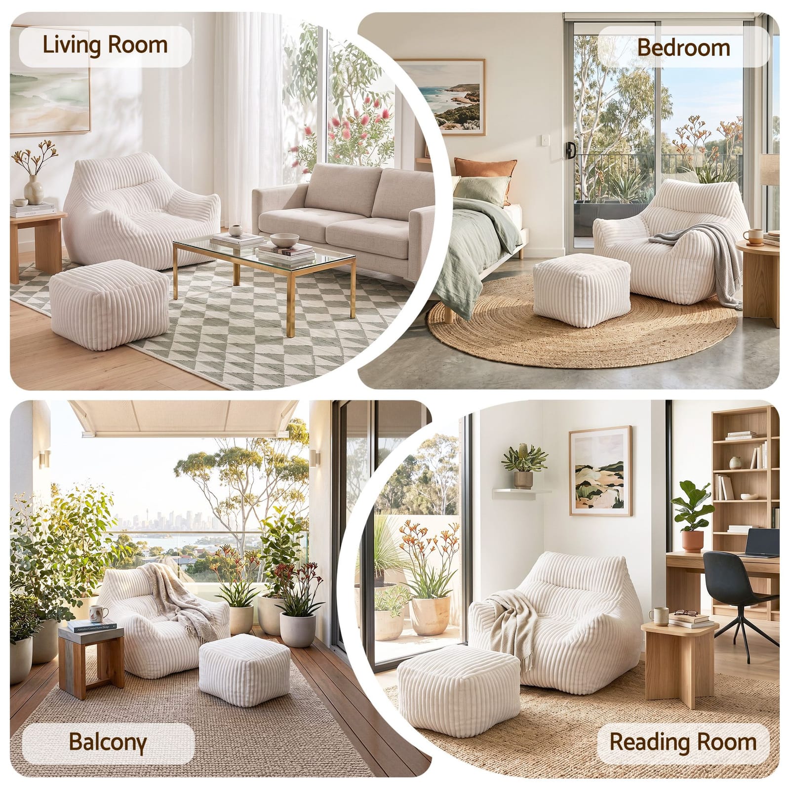 Bean Bag Sofa Ottoman White 103x102x71cm
