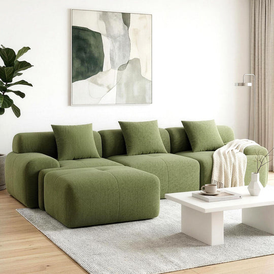 300cm L-Shaped Modular Sofa Green Corduroy - Sofas & Sofa Beds