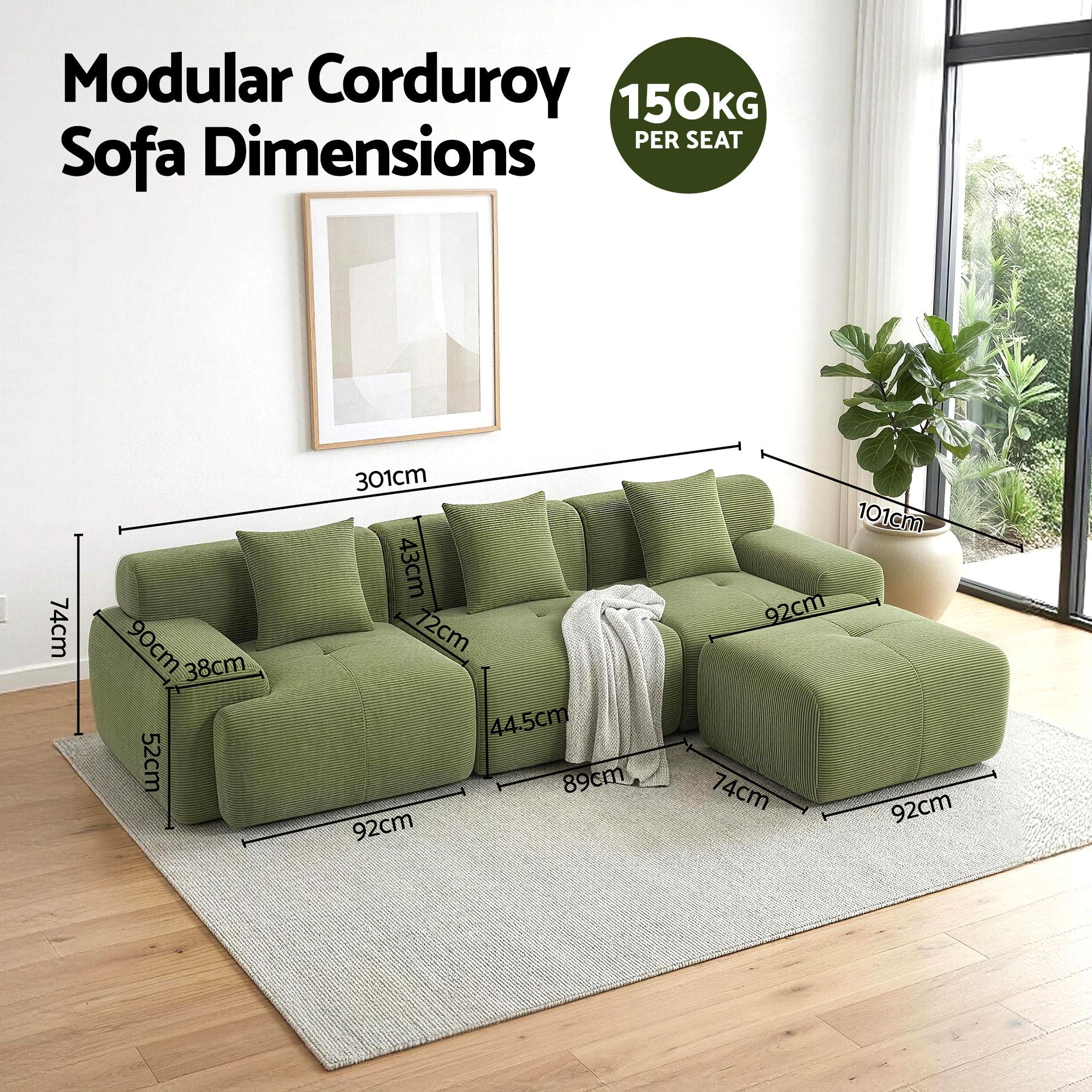 300cm L-Shaped Modular Sofa Green Corduroy | Simpledeals
