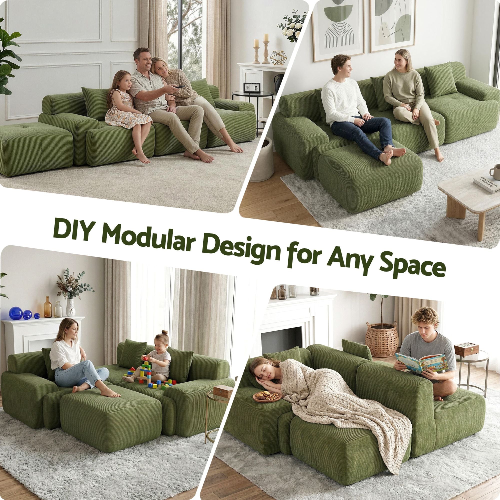 300cm L-Shaped Modular Sofa Green Corduroy | Simpledeals