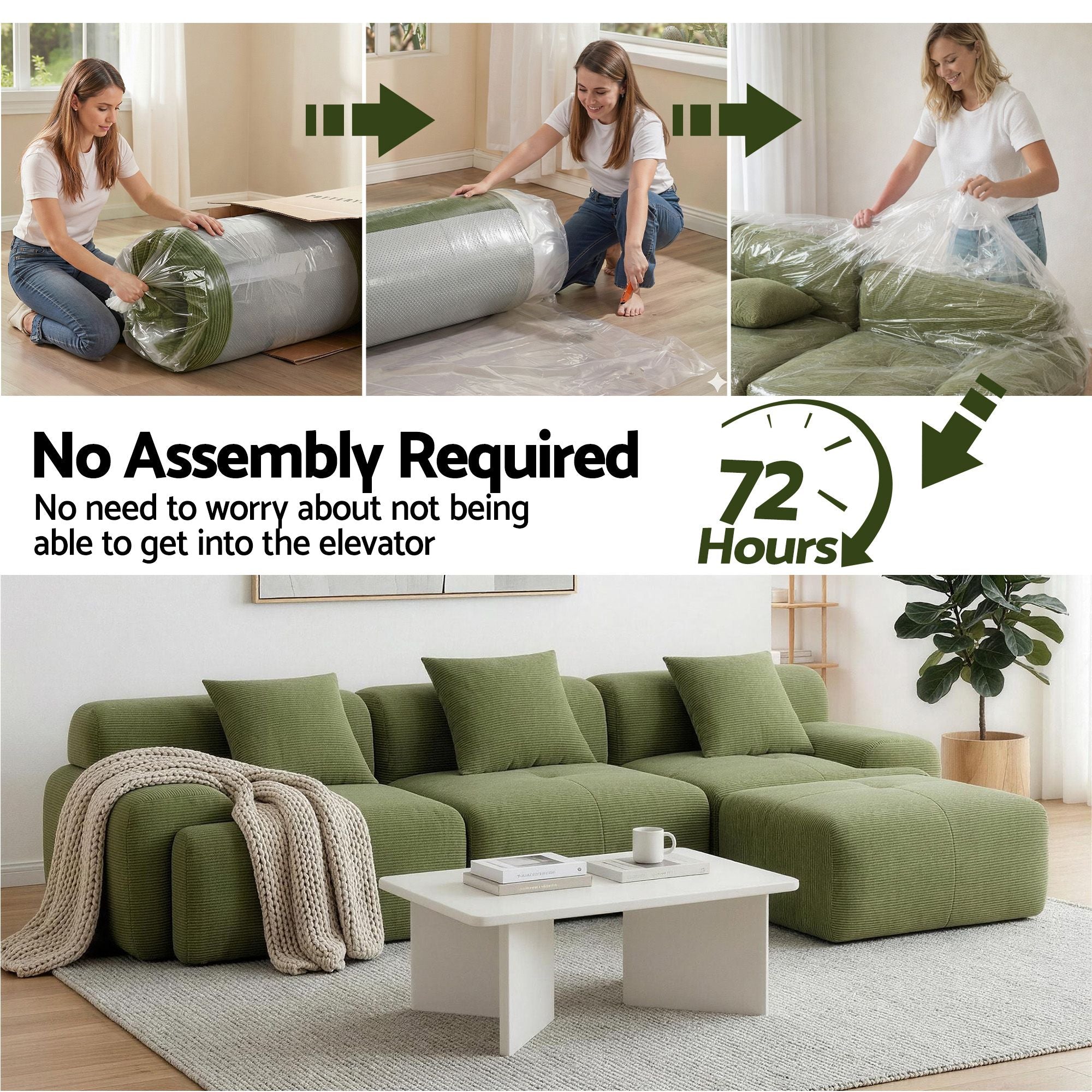 300cm L-Shaped Modular Sofa Green Corduroy | Simpledeals