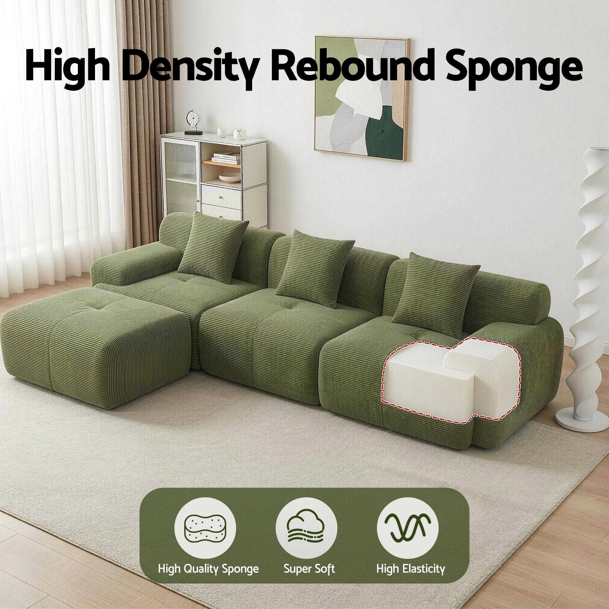 300cm L-Shaped Modular Sofa Green Corduroy | Simpledeals
