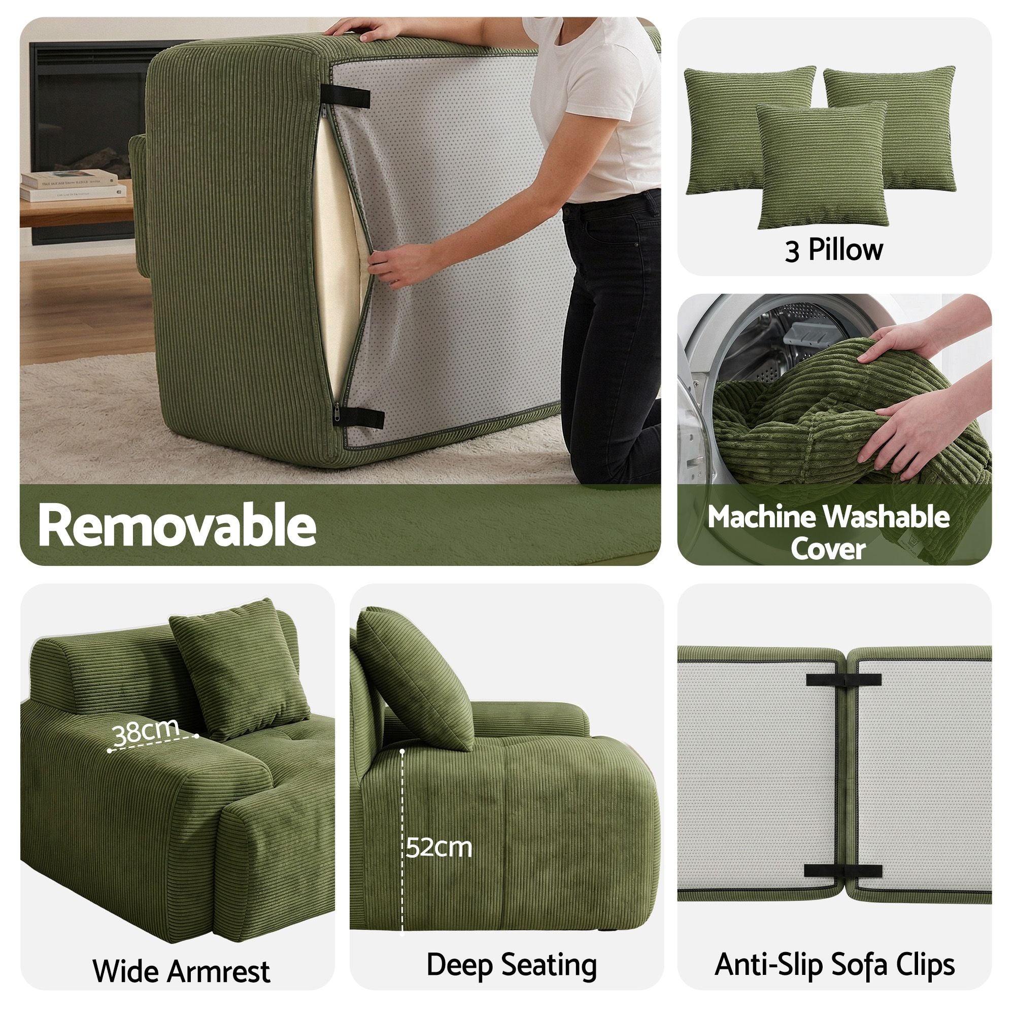 300cm L-Shaped Modular Sofa Green Corduroy | Simpledeals