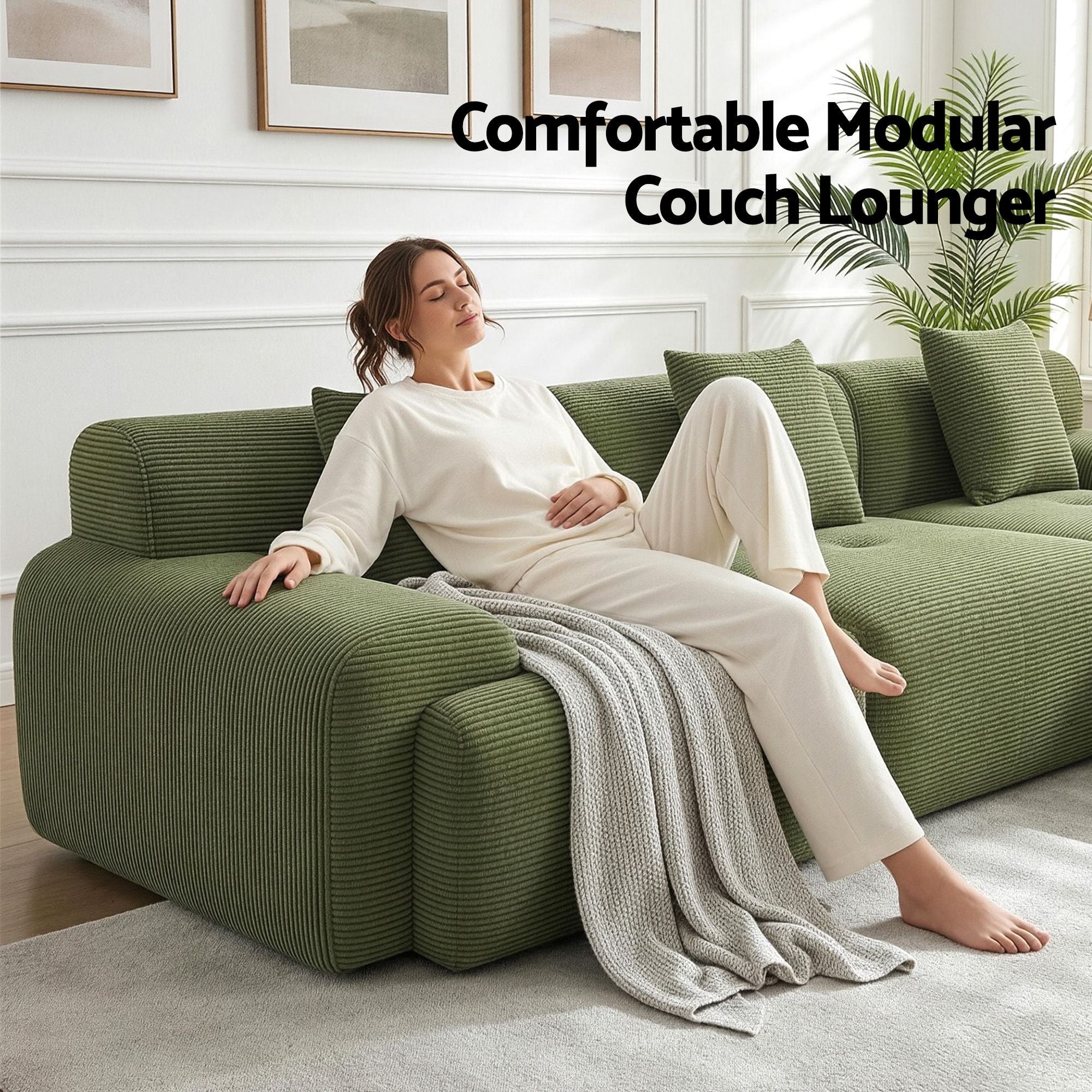 300cm L-Shaped Modular Sofa Green Corduroy | Simpledeals