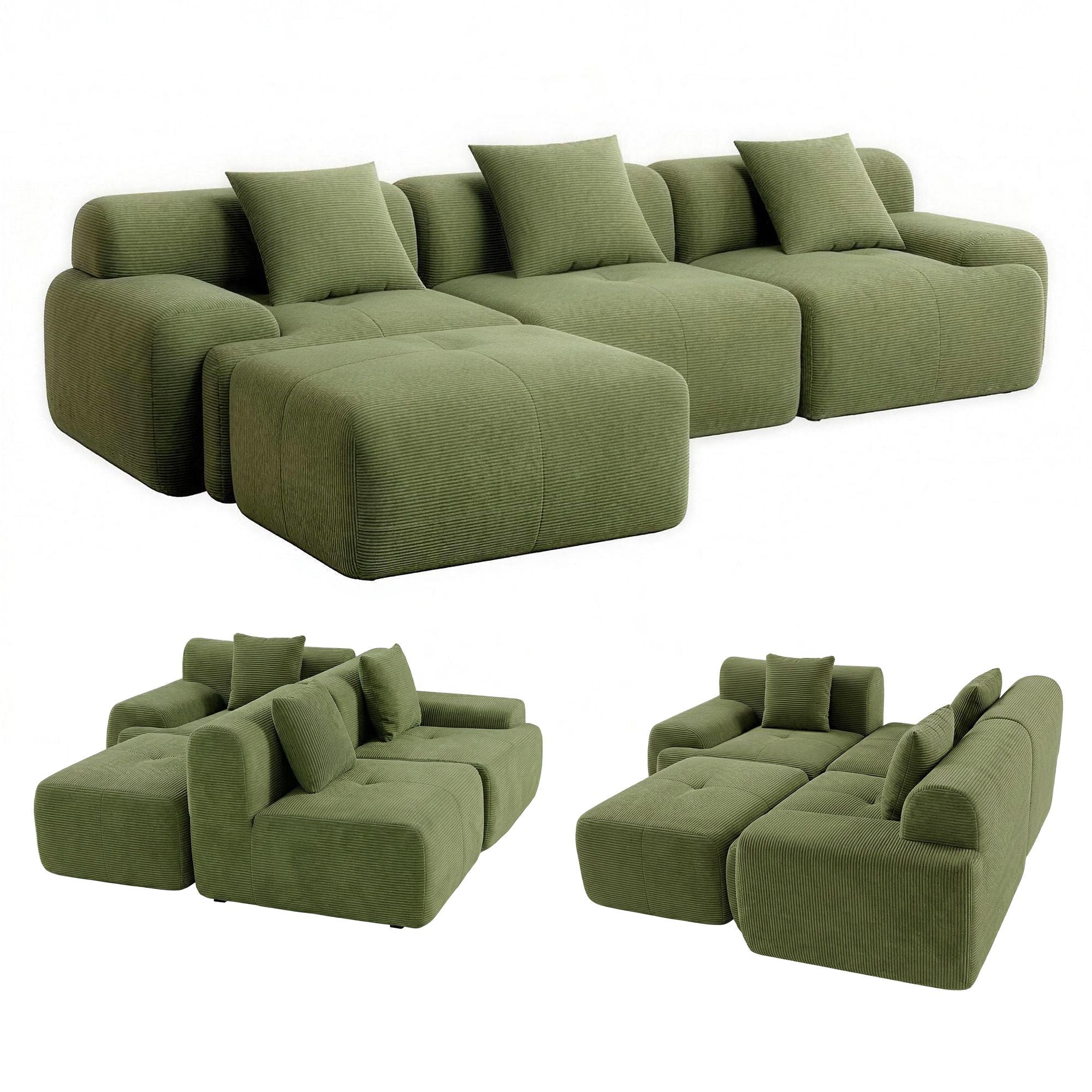 300cm L-Shaped Modular Sofa Green Corduroy | Simpledeals