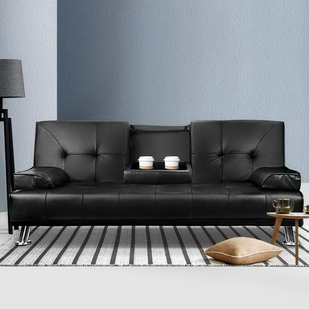 Sofa Bed Lounge Convertible Leather Couch Bed 3 Seater Cupholder Recliner