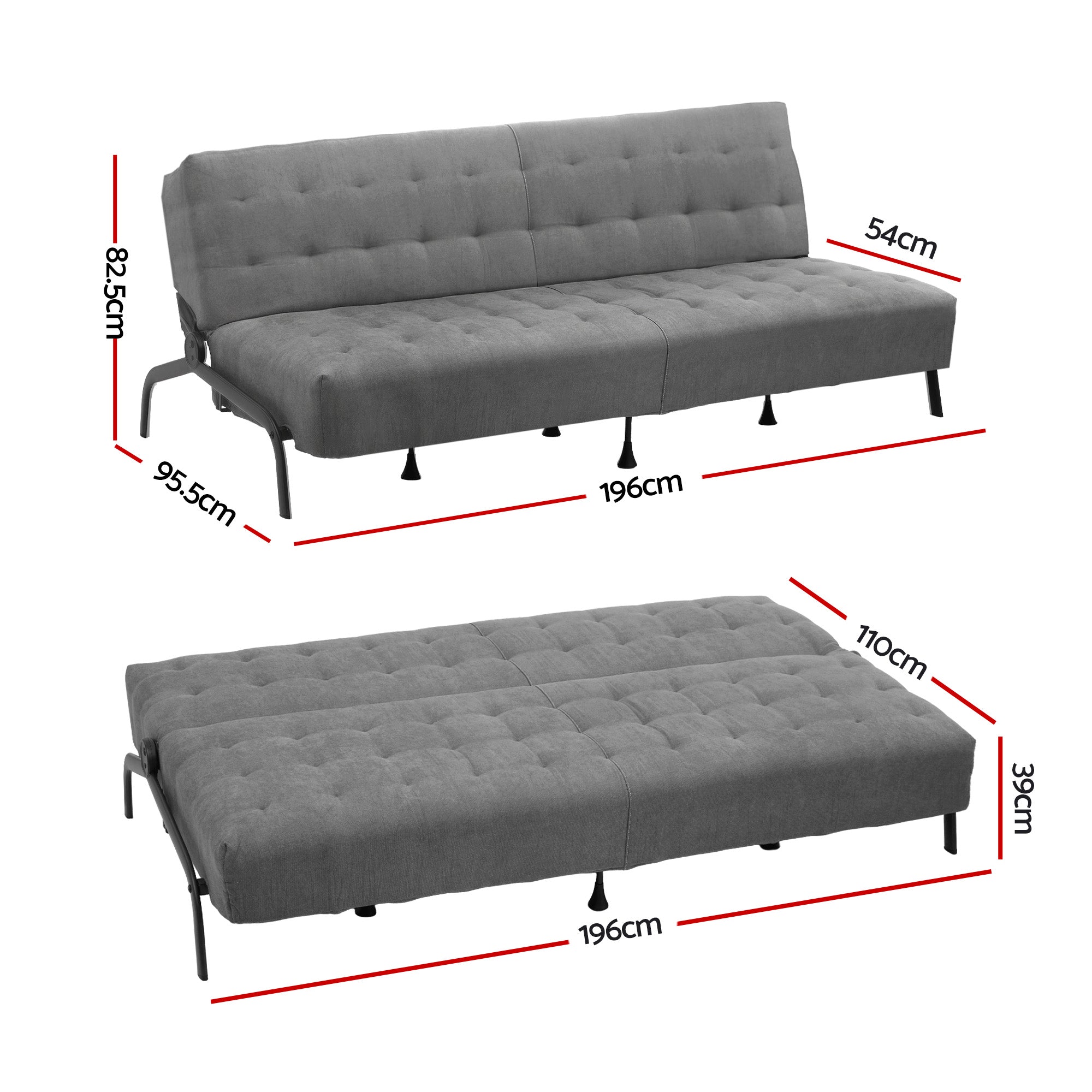 Artiss 3 Seater Sofa Bed Futon Couch Grey | Simpledeals