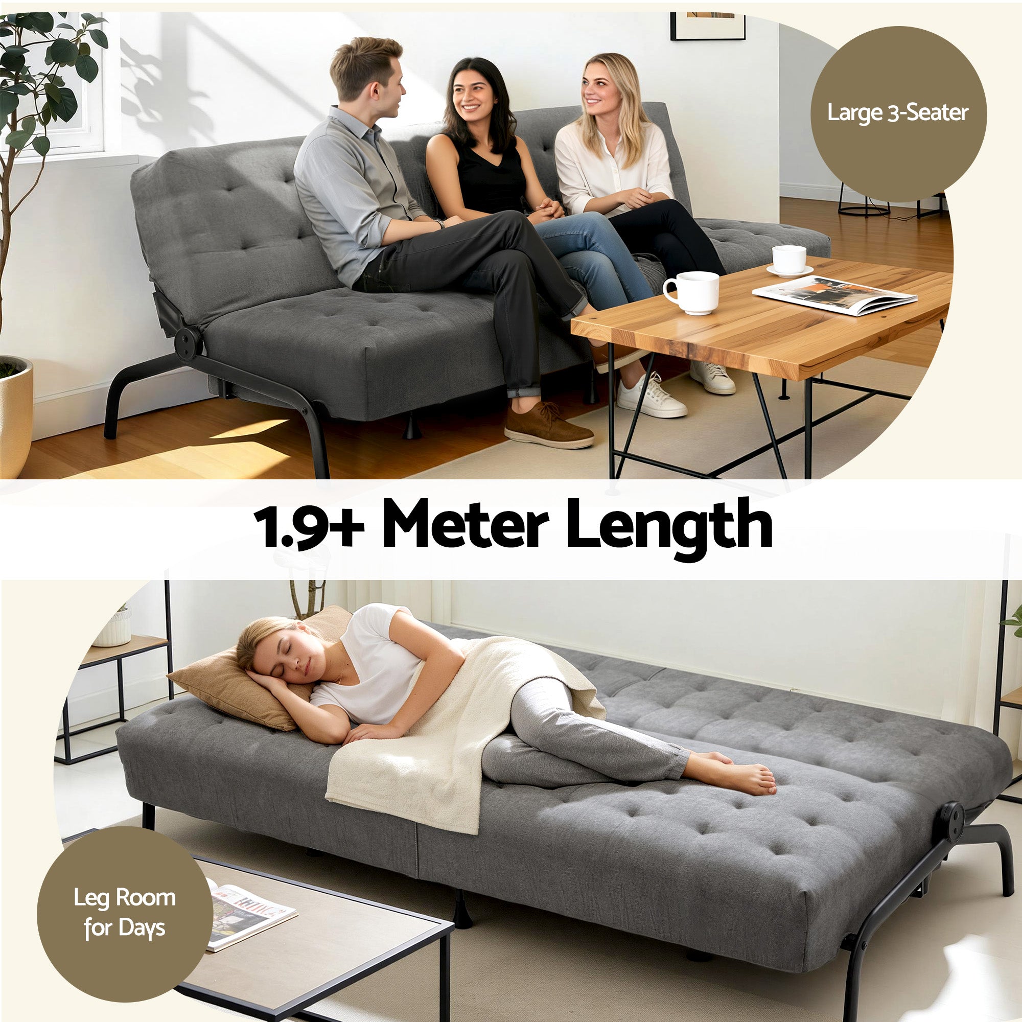 Artiss 3 Seater Sofa Bed Futon Couch Grey | Simpledeals