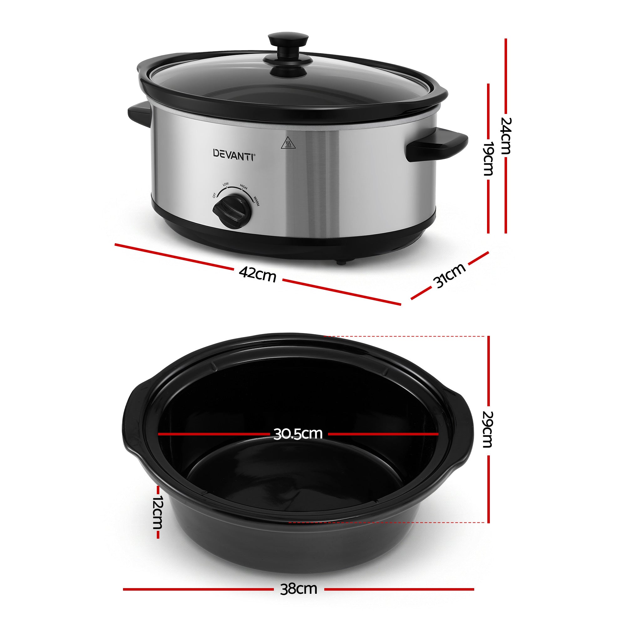 6.5L Electric Slow Cooker Multi Cooker 3 Heat Settings Keep Warm Pot Large
