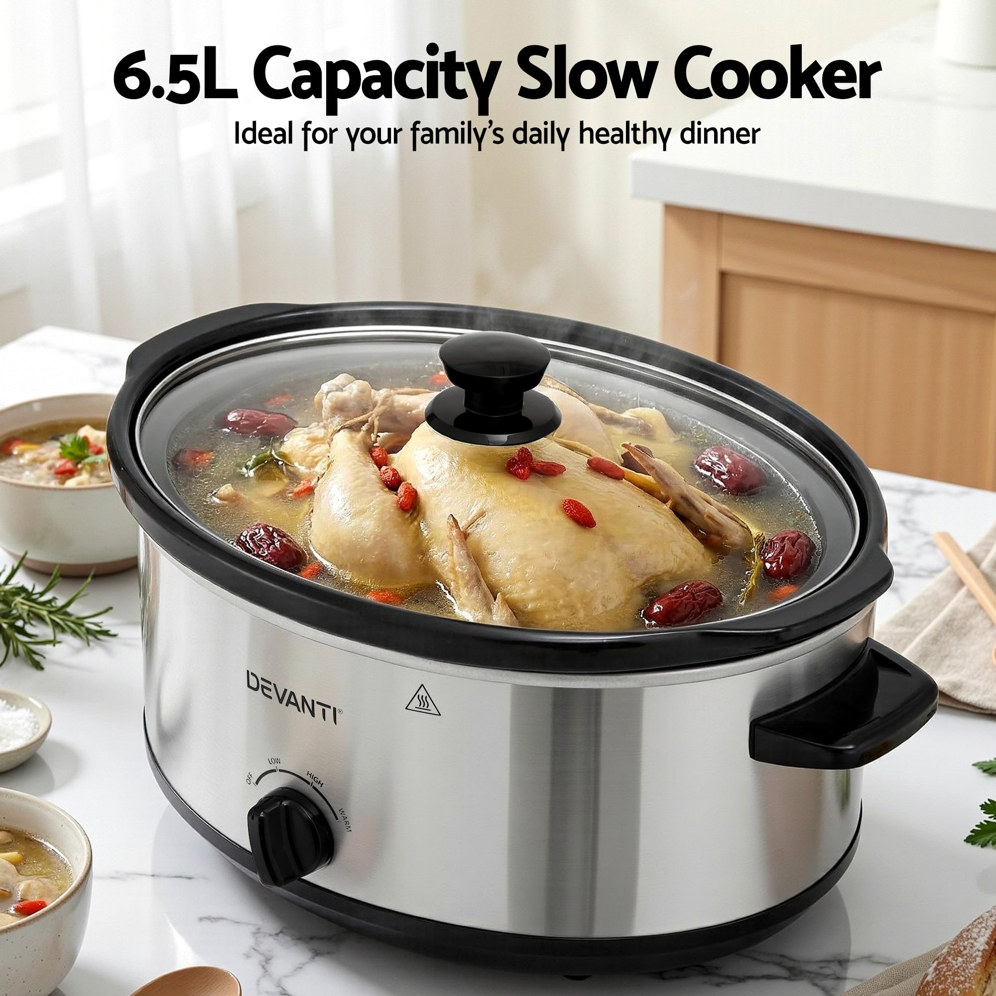 6.5L Electric Slow Cooker Multi Cooker 3 Heat Settings Keep Warm Pot Large