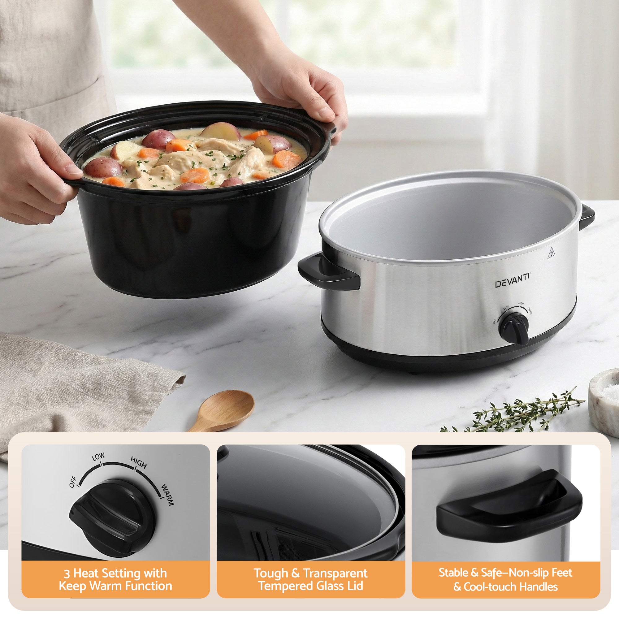 6.5L Electric Slow Cooker Multi Cooker 3 Heat Settings Keep Warm Pot Large