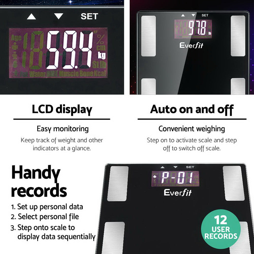 Everfit Electronic Digital Body Fat Scale Bathroom Weight Scale-Black