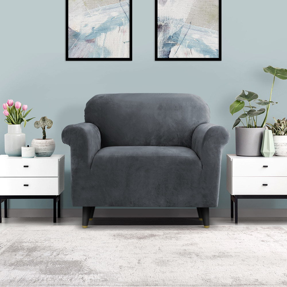 Velvet Sofa Cover Plush Couch Cover Lounge Slipcover 1 Seater Grey