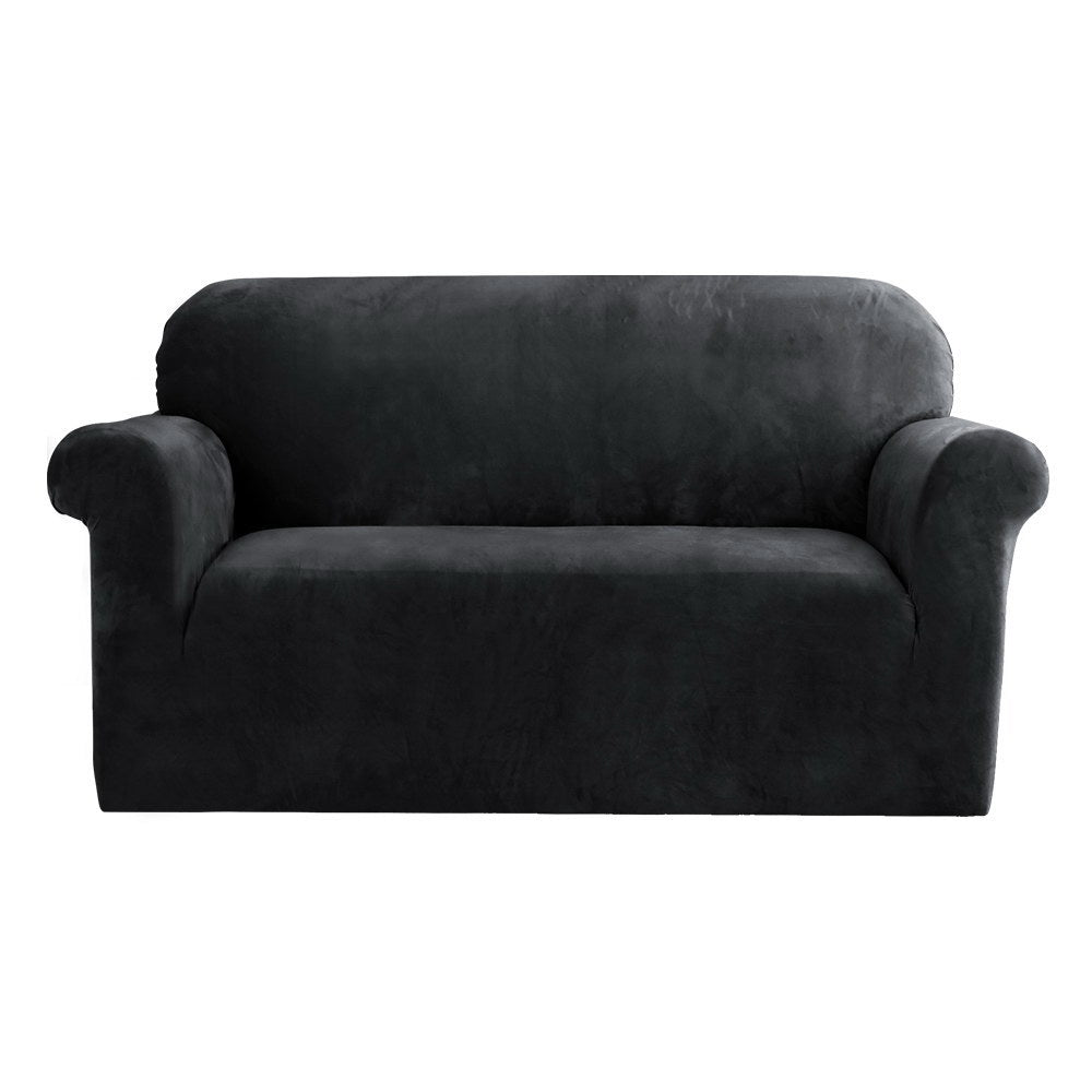 2-Seater Sofa Cover Couch Cover Velvet Black Stretchable Protector