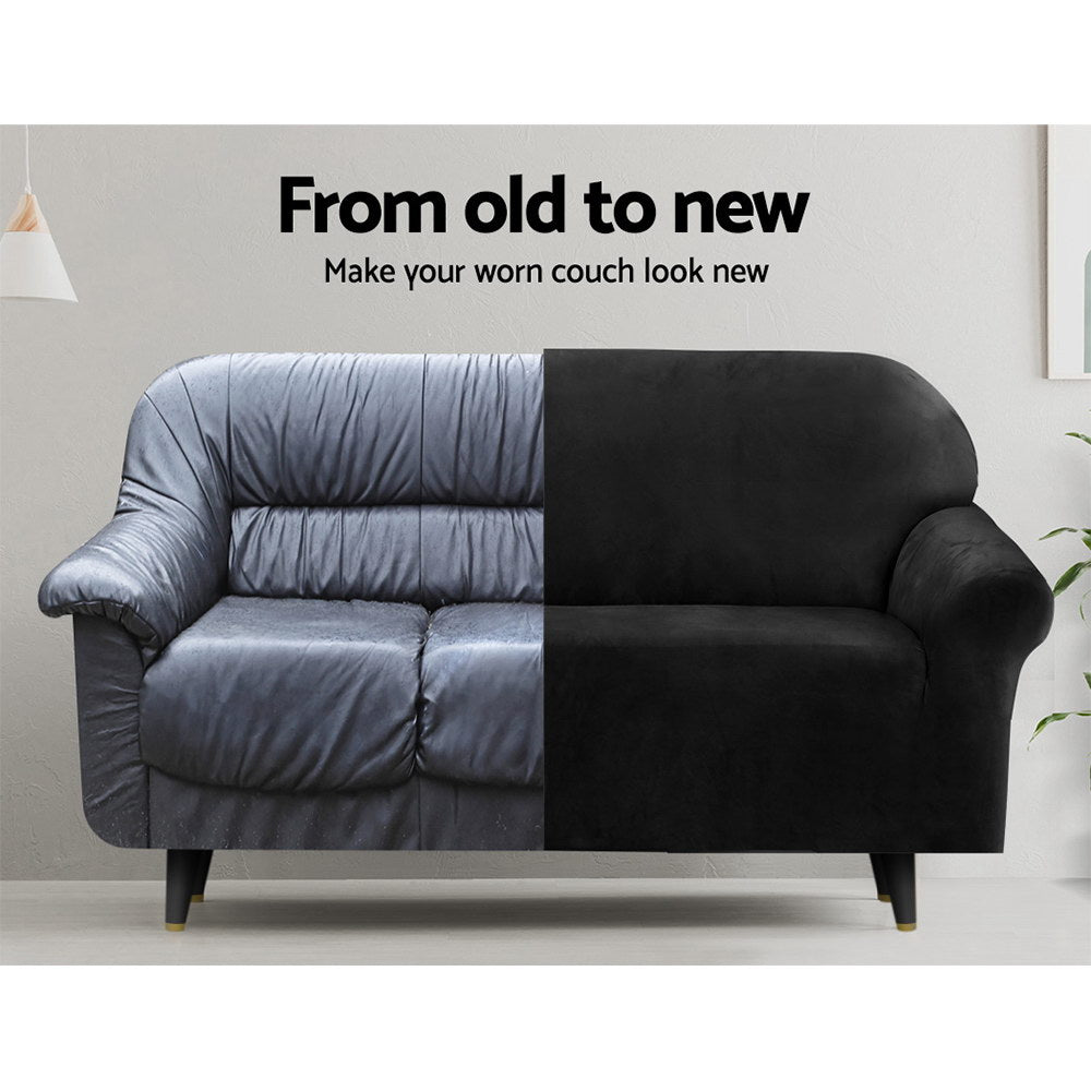 2-Seater Sofa Cover Couch Cover Velvet Black Stretchable Protector