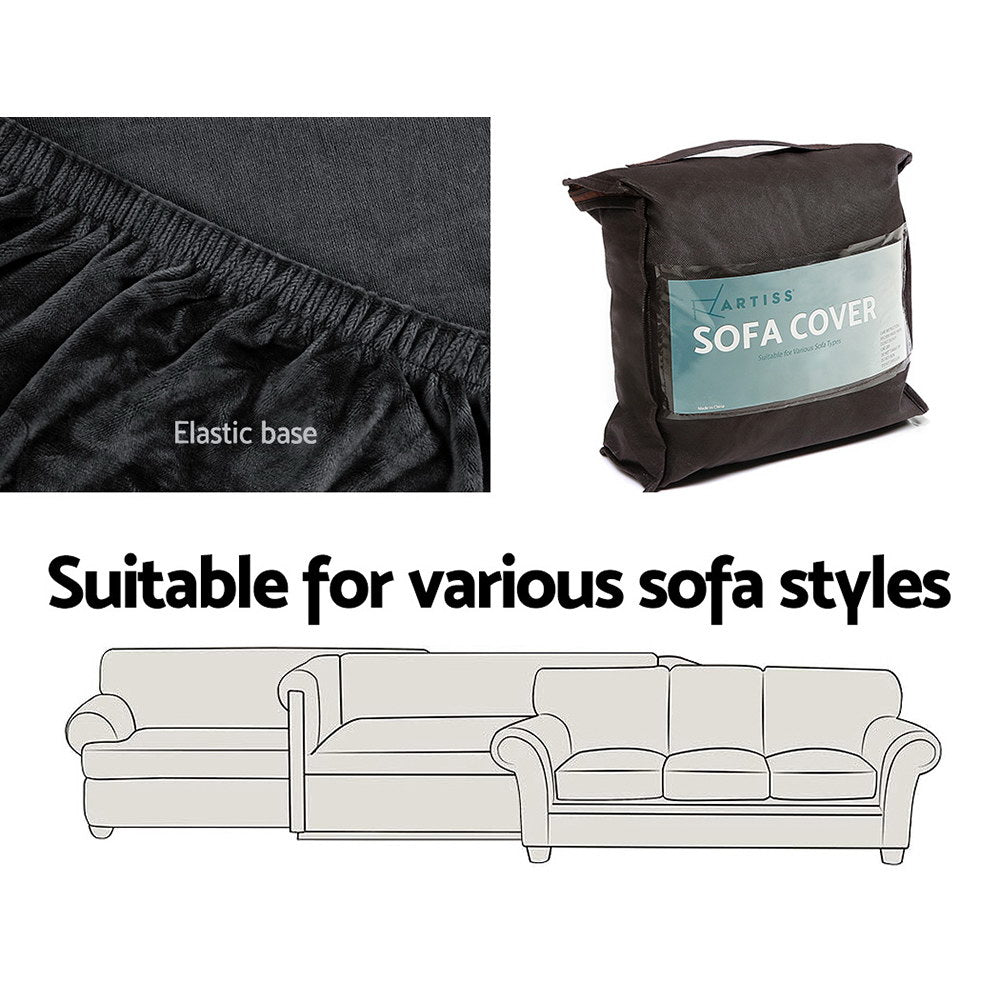 2-Seater Sofa Cover Couch Cover Velvet Black Stretchable Protector