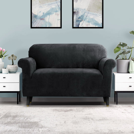 Plush Lounge Slipcover - 2-Seater Sofa Cover Couch Cover Velvet Black Stretchable Protector