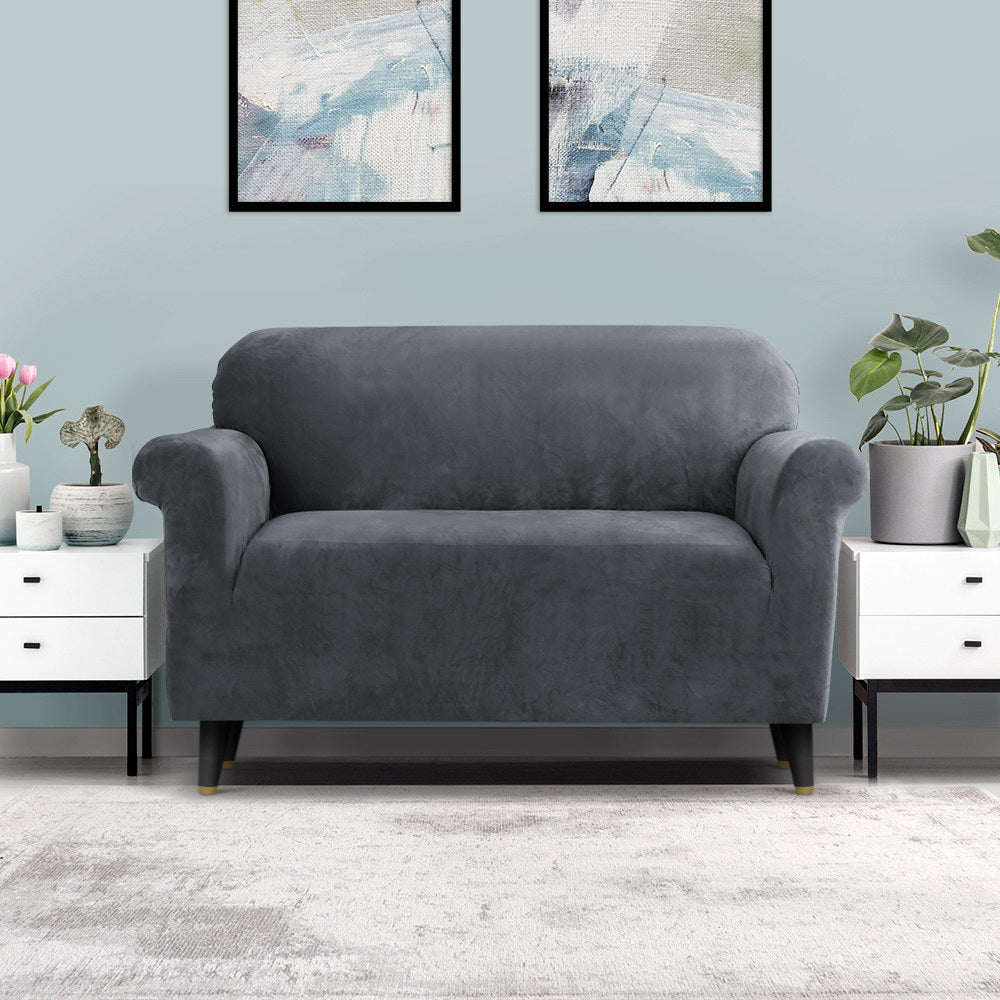 Grey Velvet Sofa Cover 2 Seater Stretch Couch Slipcover Protector