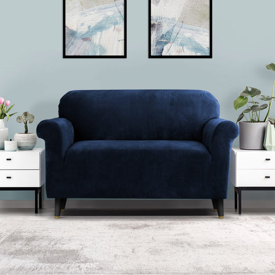 Plush Lounge Slipcover - 2-Seater Velvet Sofa Cover Couch Protector Sapphire Blue