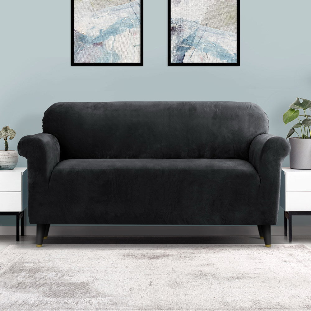 Sofa Accessories - Velvet Sofa Cover Plush Couch Cover Lounge Slipcover 3 Seater Black