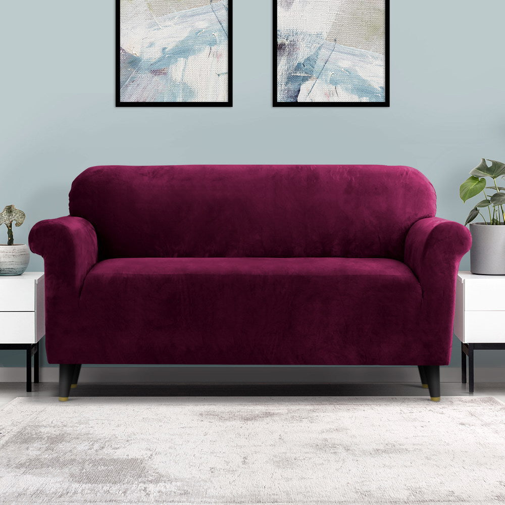 Arm Chairs & Recliners - Velvet Sofa Cover Plush Couch Cover Lounge Slipcover 3 Seater Ruby Red