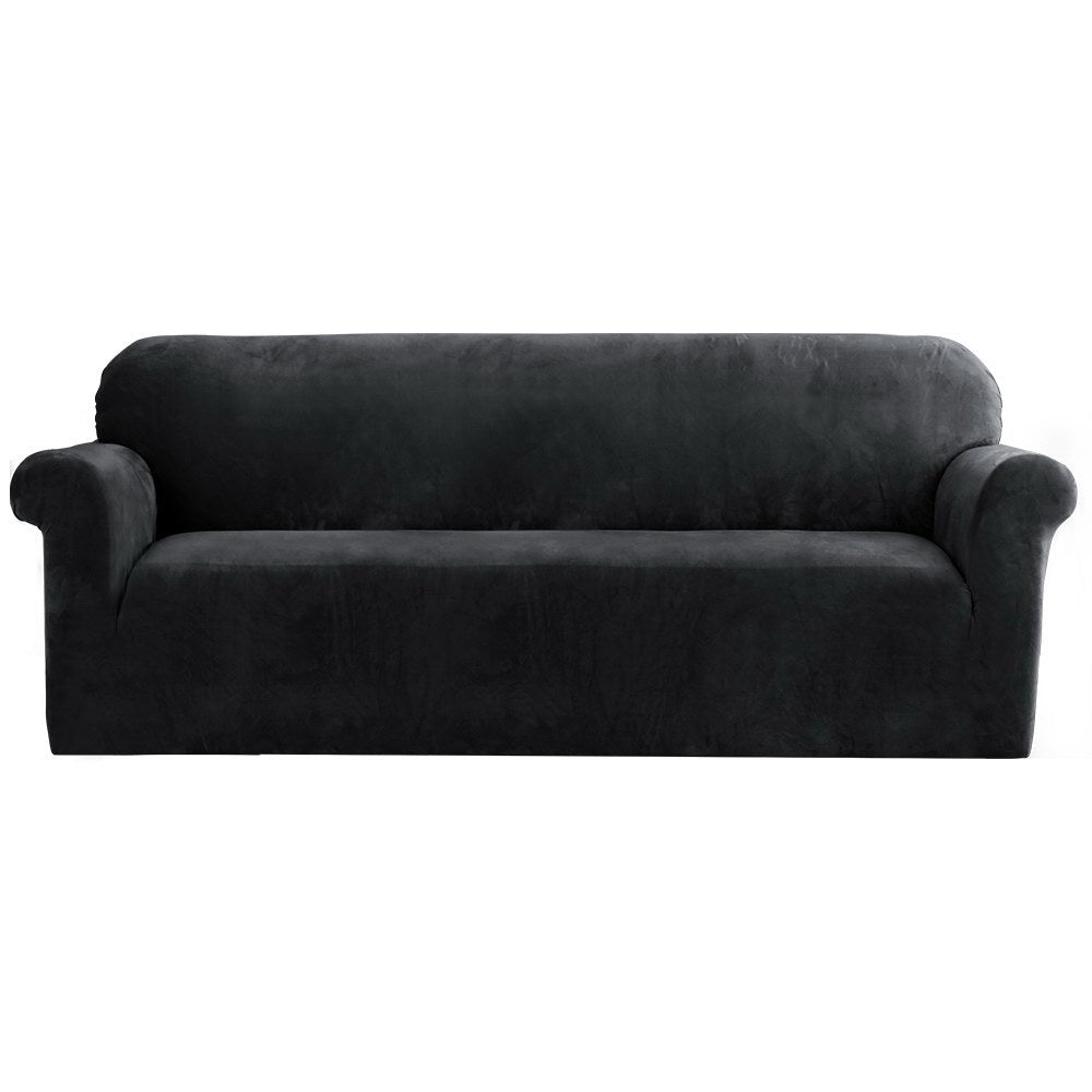 Black colour - Velvet Sofa Cover Plush Couch Cover Lounge Slipcover 4 Seater Black