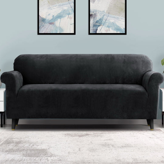 Sofa Accessories - Velvet Sofa Cover Plush Couch Cover Lounge Slipcover 4 Seater Black