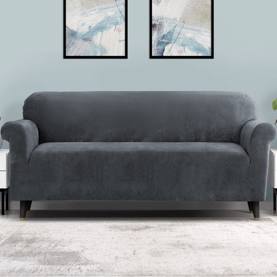 Sofa Accessories - Velvet Sofa Cover Plush Couch Cover Lounge Slipcover 4 Seater Grey