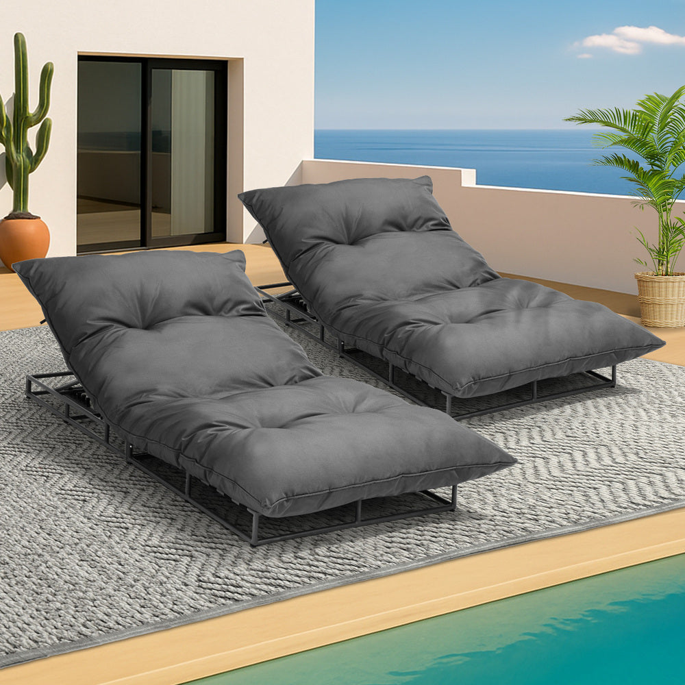 Outdoor Sun Bed Metal Frame Grey Cushion X2