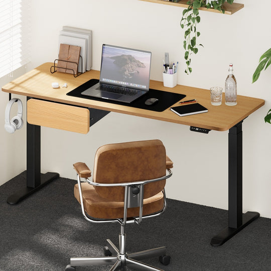 160cm Electric Standing Desk w/ Drawer Adjustable Oak White & Black, Oak colour