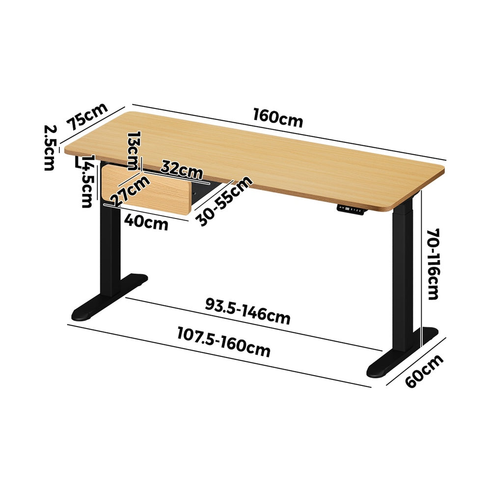 160cm Electric Standing Desk w/ Drawer Adjustable Oak White & Black